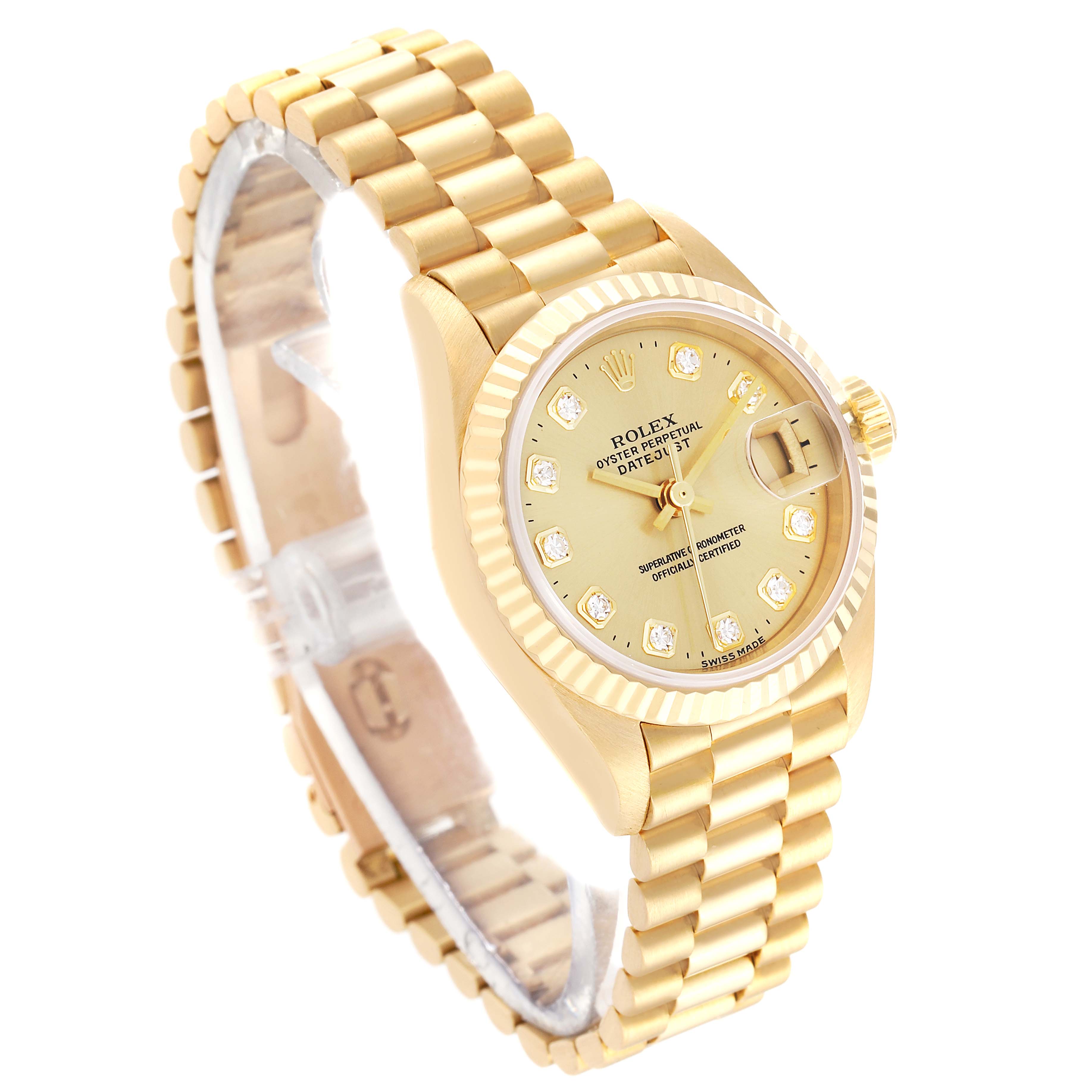 This image shows a Rolex President 69178 Women's Yellow Gold Champagne Dial 69178 Women's Yellow Gold Champagne Dial model watch at an angled view, highlighting the gold bracelet, dial, and diamond hour markers.