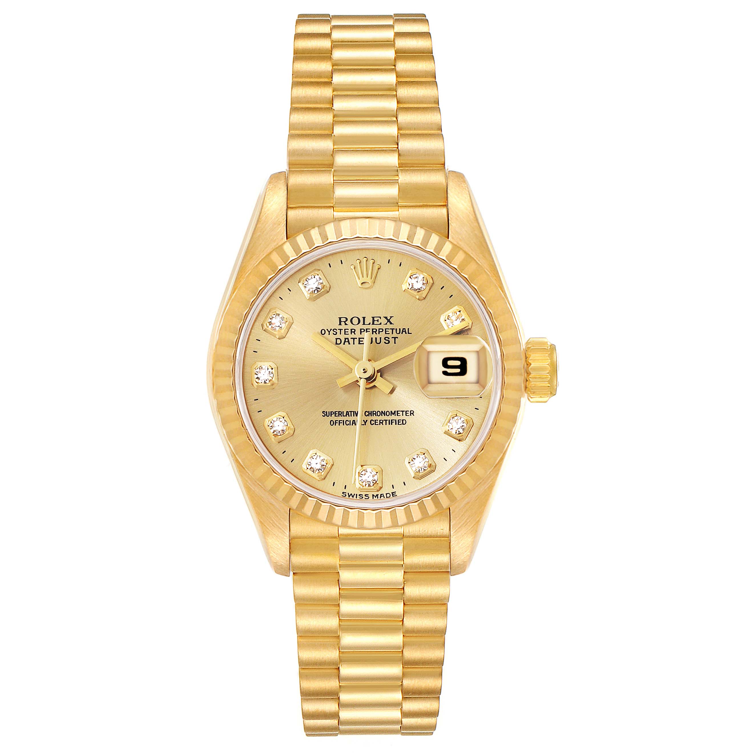 The image shows a front view of a Rolex President 69178 Women's Yellow Gold Champagne Dial 69178 Women's Yellow Gold Champagne Dial Datejust watch, highlighting its gold dial, date window, and bracelet.
