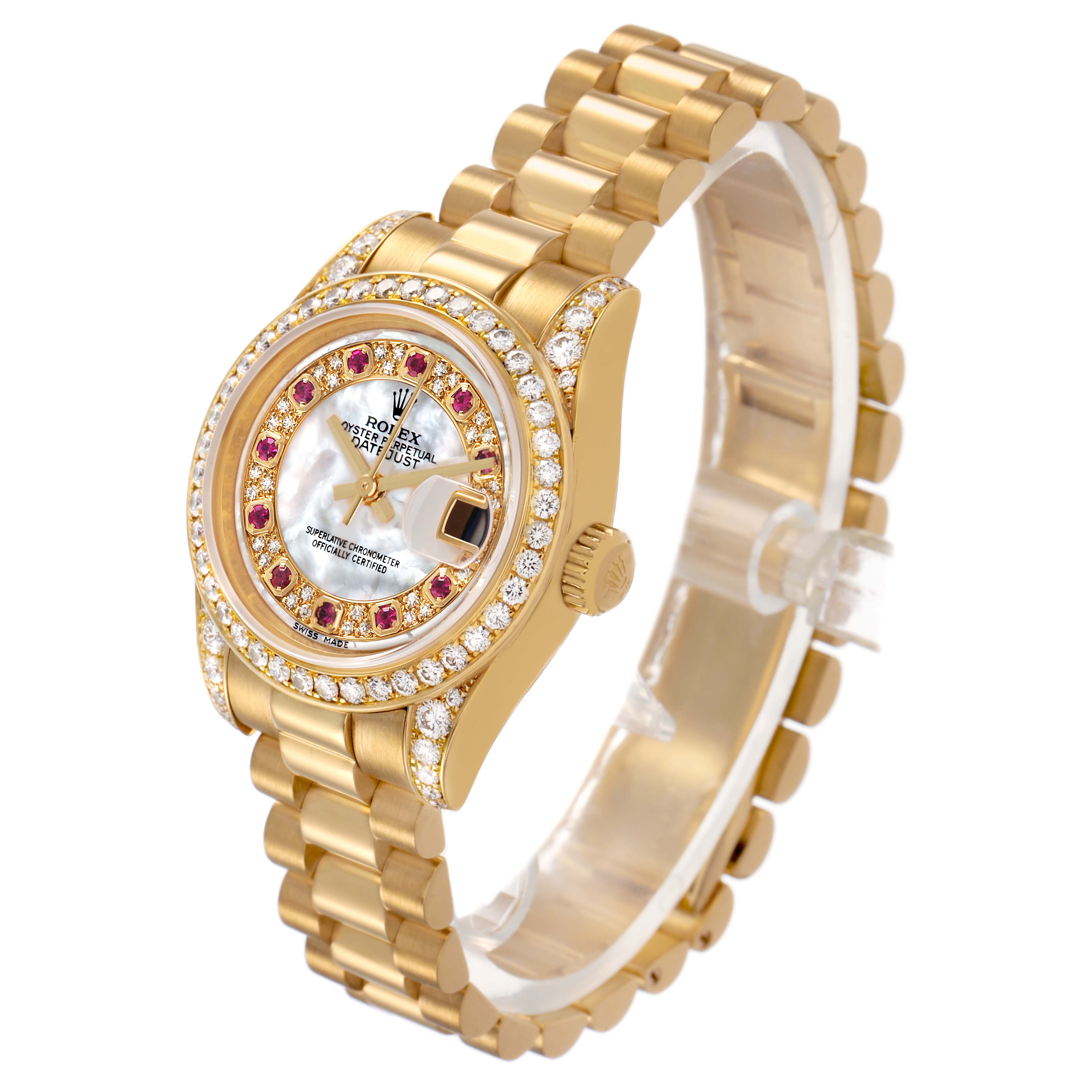 The Rolex President 179158 Women's Yellow Gold Mother of Pearl Dial model is shown at a 45-degree angle, highlighting the dial, bezel, crown, and bracelet.