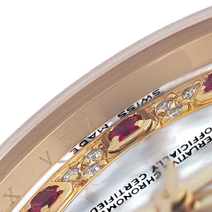 The image shows a close-up of the Rolex President 179158 Women's Yellow Gold Mother of Pearl Dial model's bezel, highlighting jewels and part of the dial with "Swiss Made."