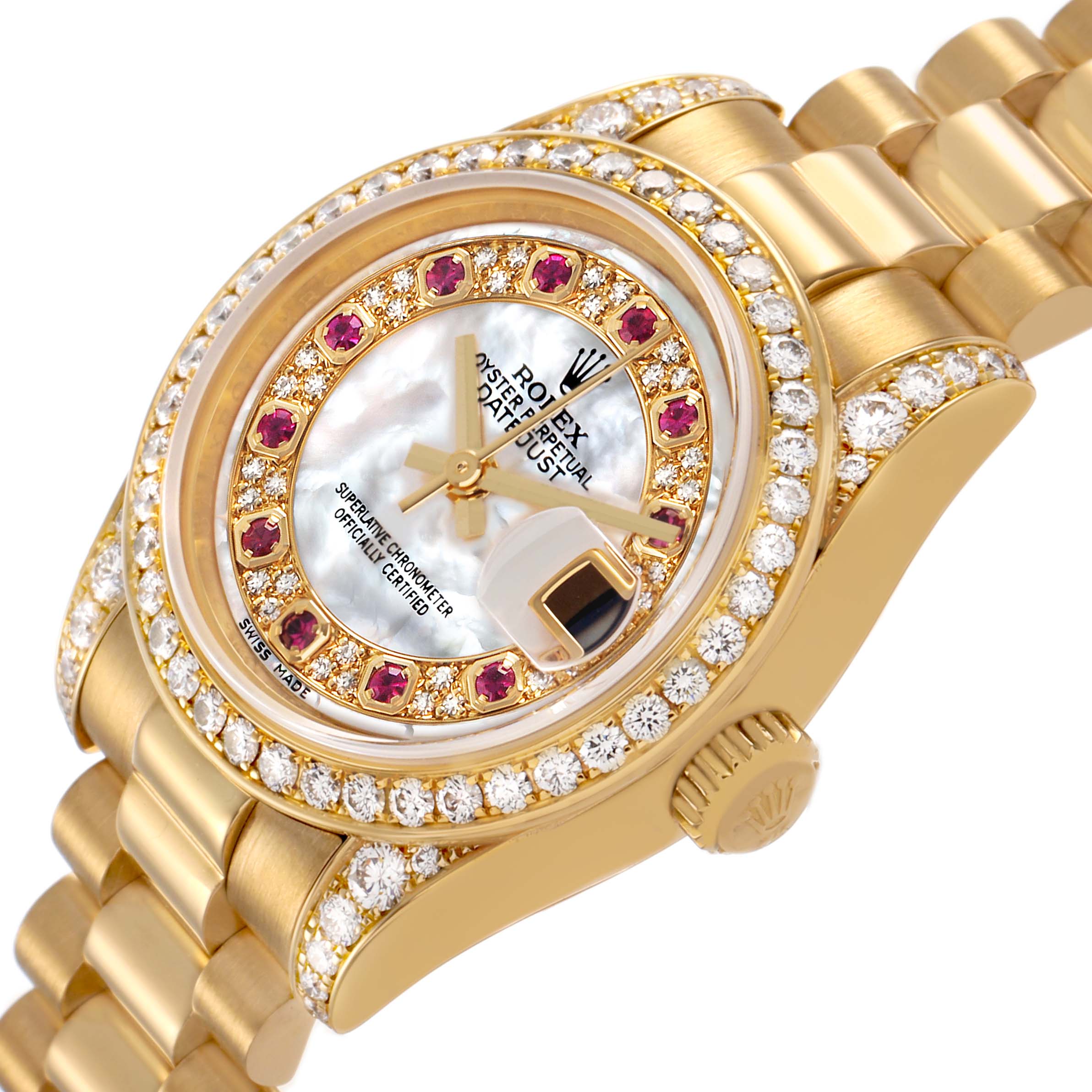 The Rolex President 179158 Women's Yellow Gold Mother of Pearl Dial model is shown in a close-up at an angle, highlighting its gold case, diamond bezel, and bracelet.