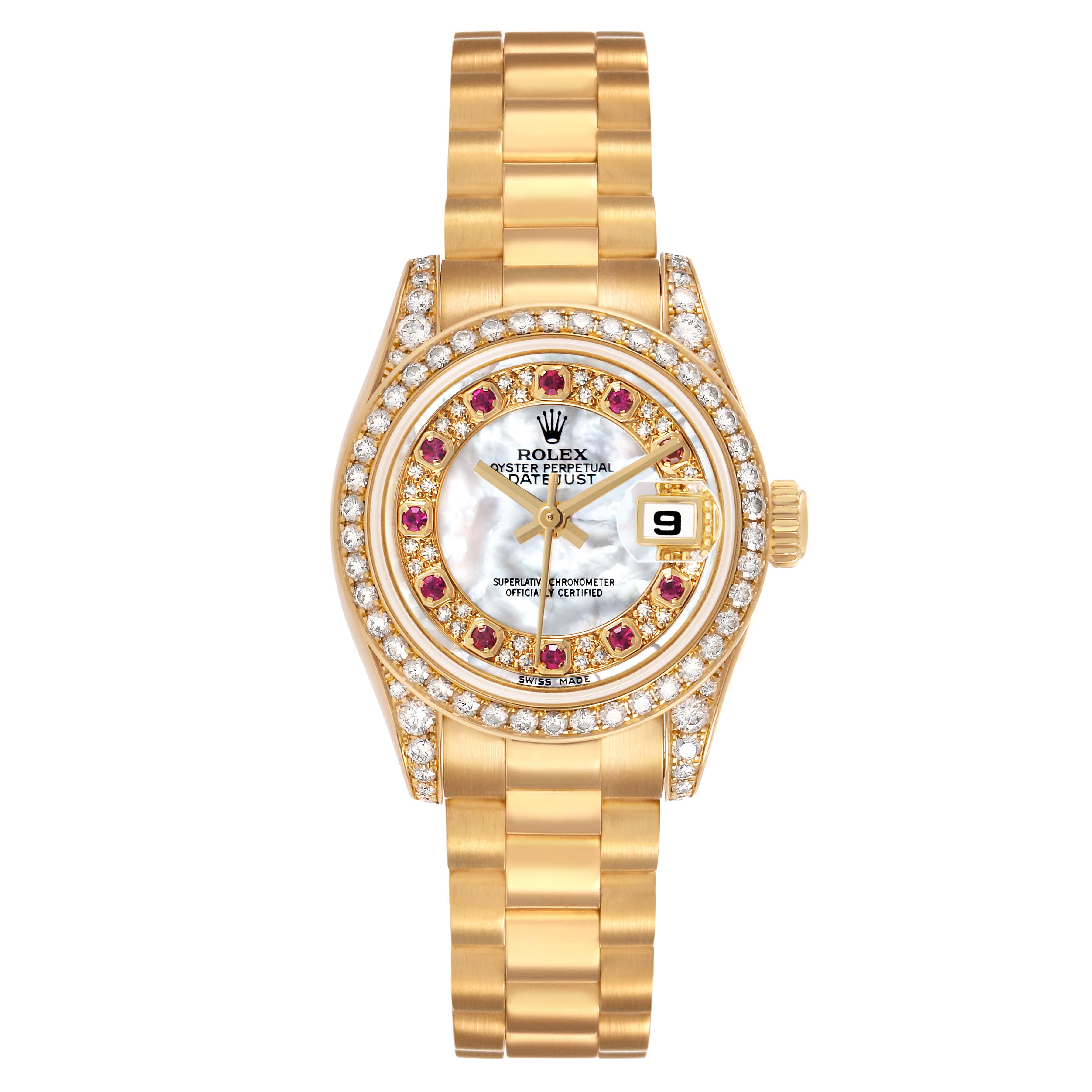 The Rolex President 179158 Women's Yellow Gold Mother of Pearl Dial watch is shown from a top-down angle, displaying the face, bezel, and bracelet.