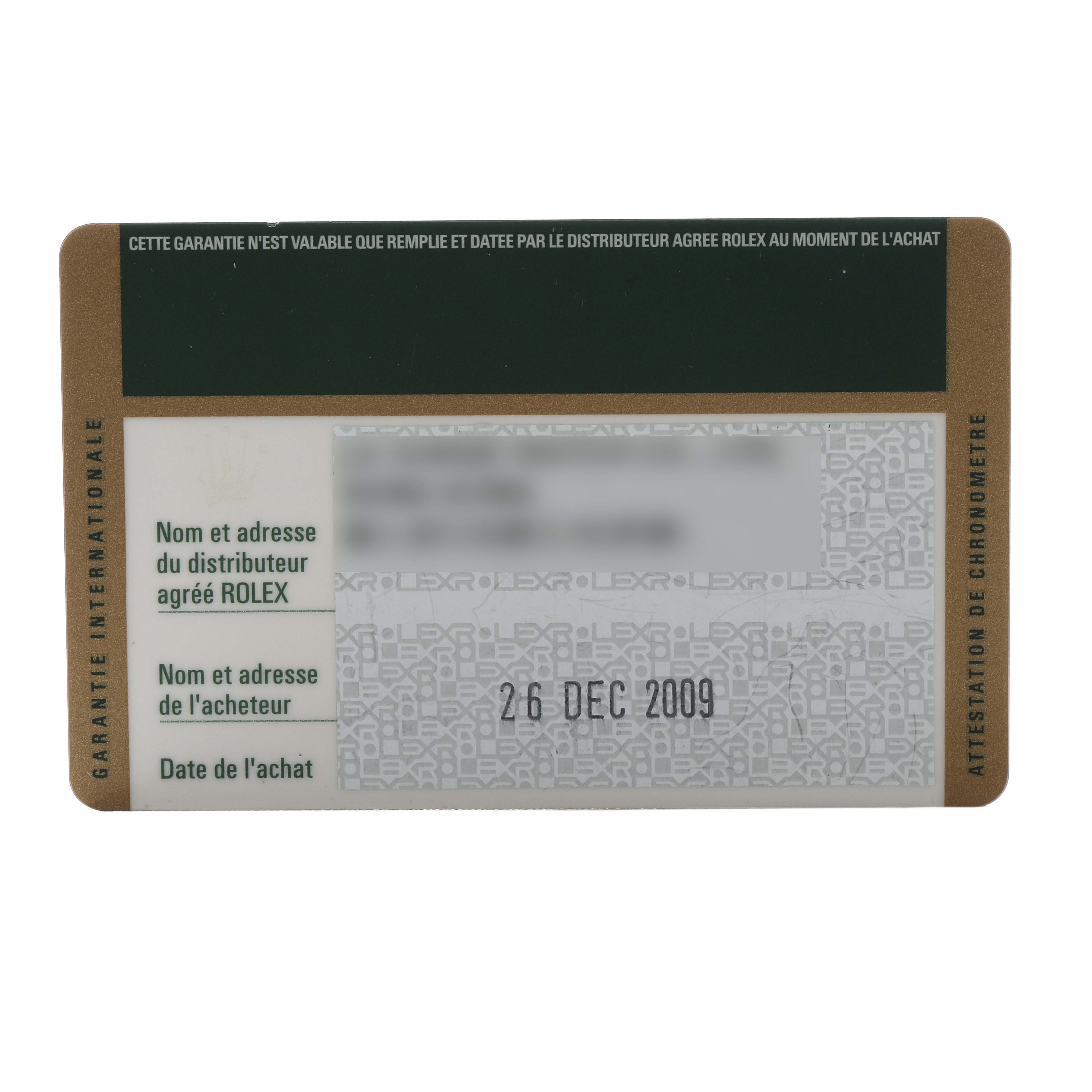 This image shows a guarantee card for the Rolex President 179158 Women's Yellow Gold Mother of Pearl Dial model, displaying purchase details and branding.