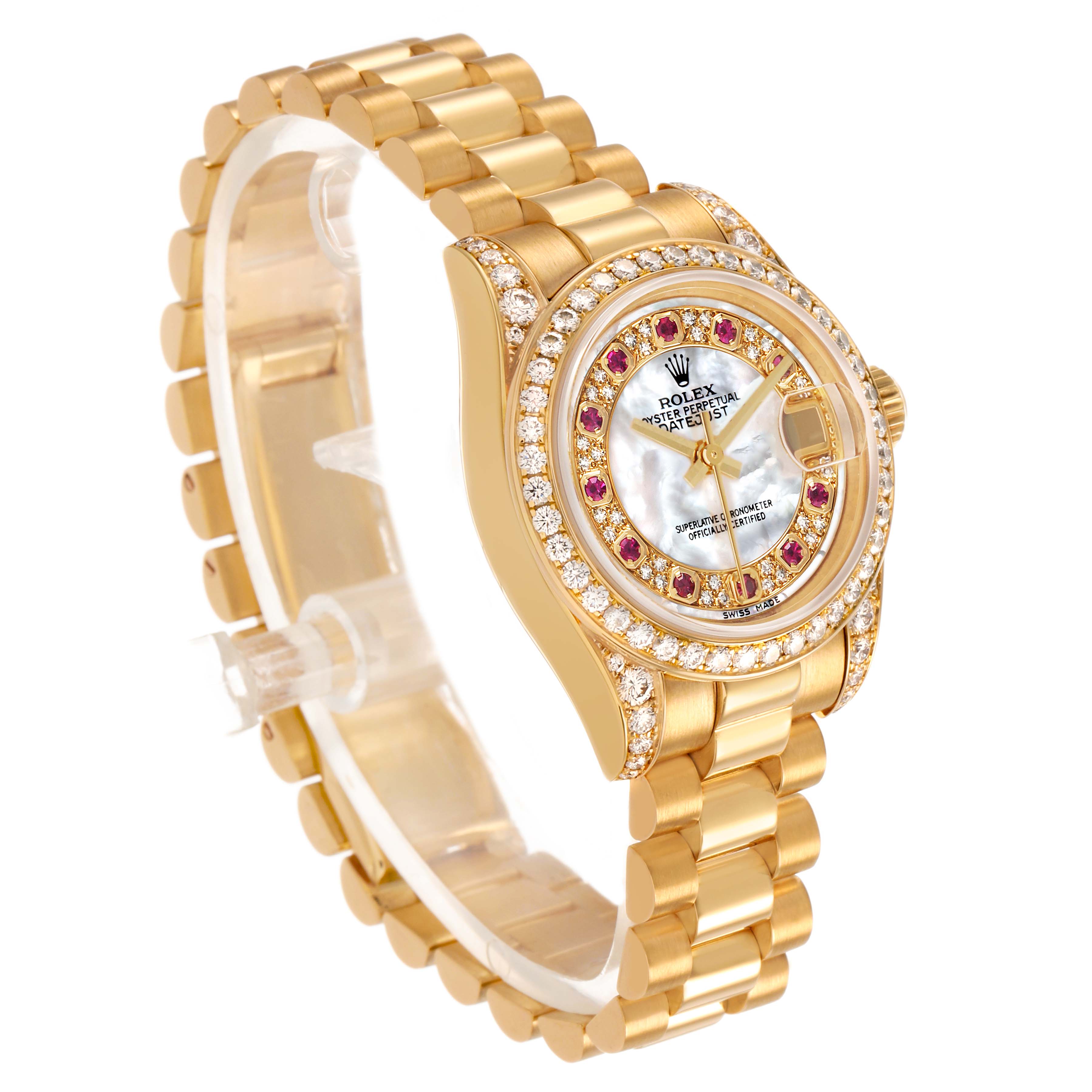 The Rolex President 179158 Women's Yellow Gold Mother of Pearl Dial watch is shown at an angled side view, highlighting the face, bezel, and bracelet.