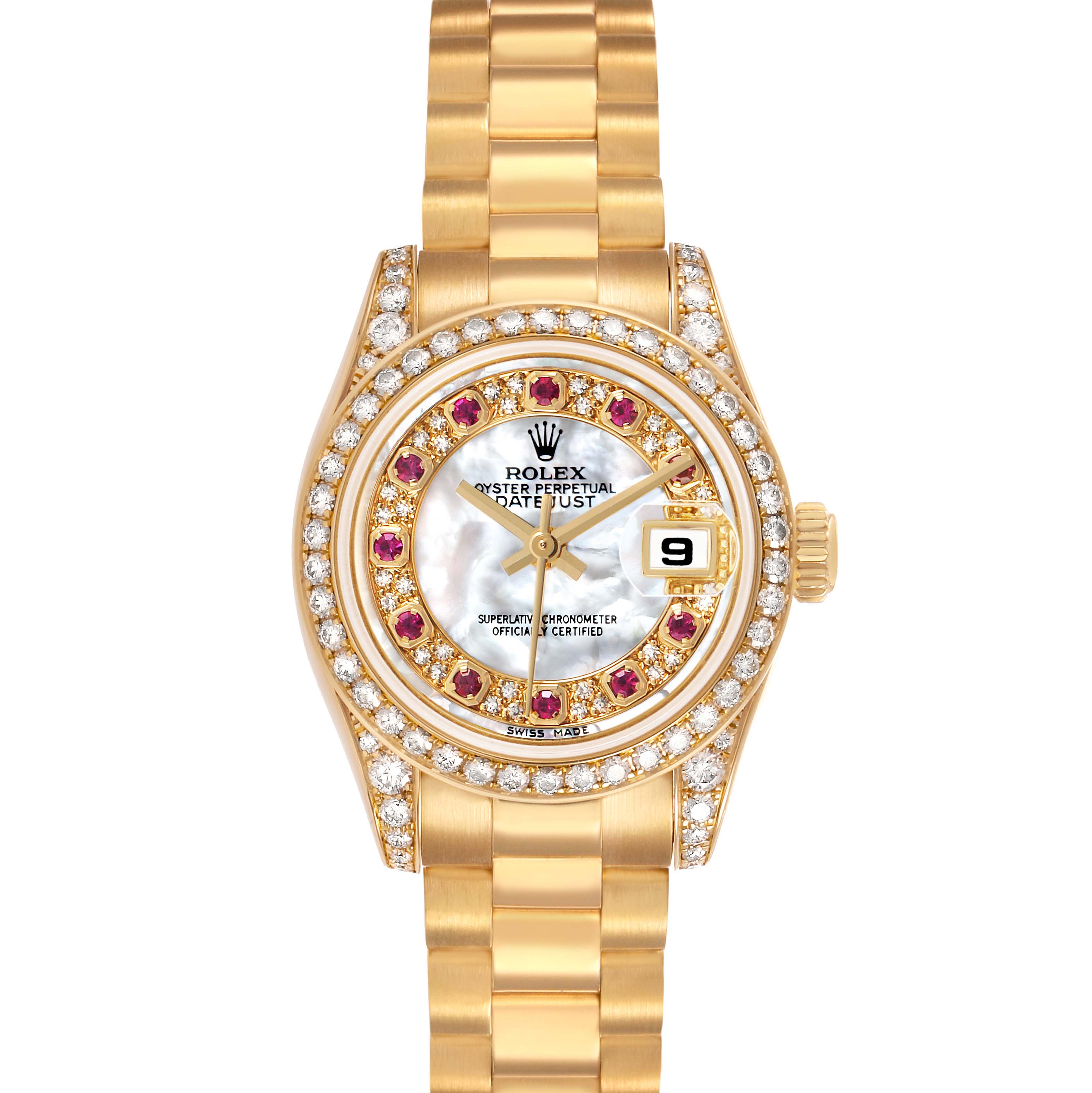 The Rolex President 179158 Women's Yellow Gold Mother of Pearl Dial model is shown from the front, featuring its gold bracelet, diamond bezel, and date window.