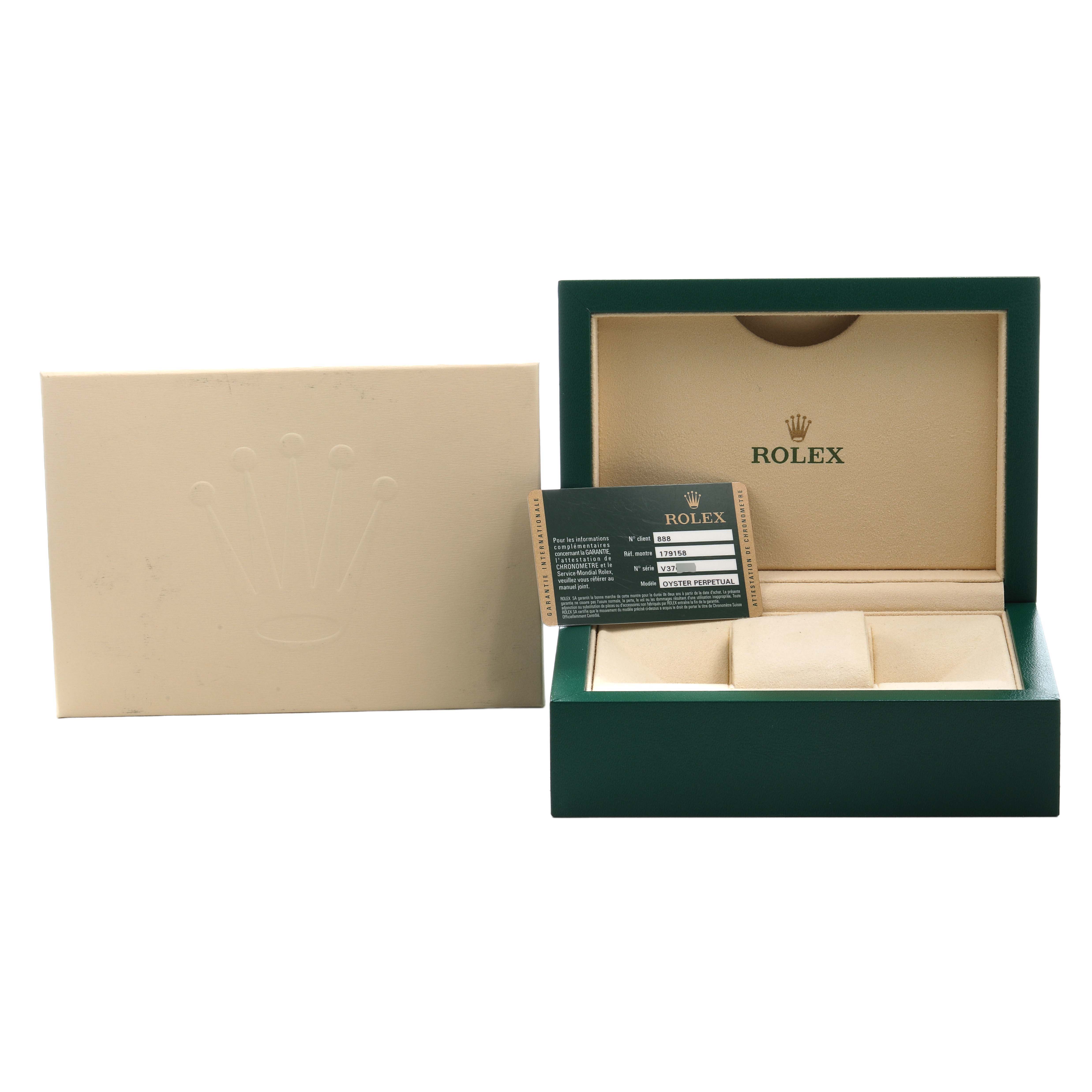 The image shows a Rolex President 179158 Women's Yellow Gold Mother of Pearl Dial model box and certificate, viewed from the front.