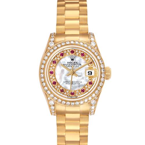The Rolex President 179158 Womens Yellow Gold Mother of Pearl Dial model watch is shown from a top view, highlighting the bezel, dial, bracelet, and crown.
