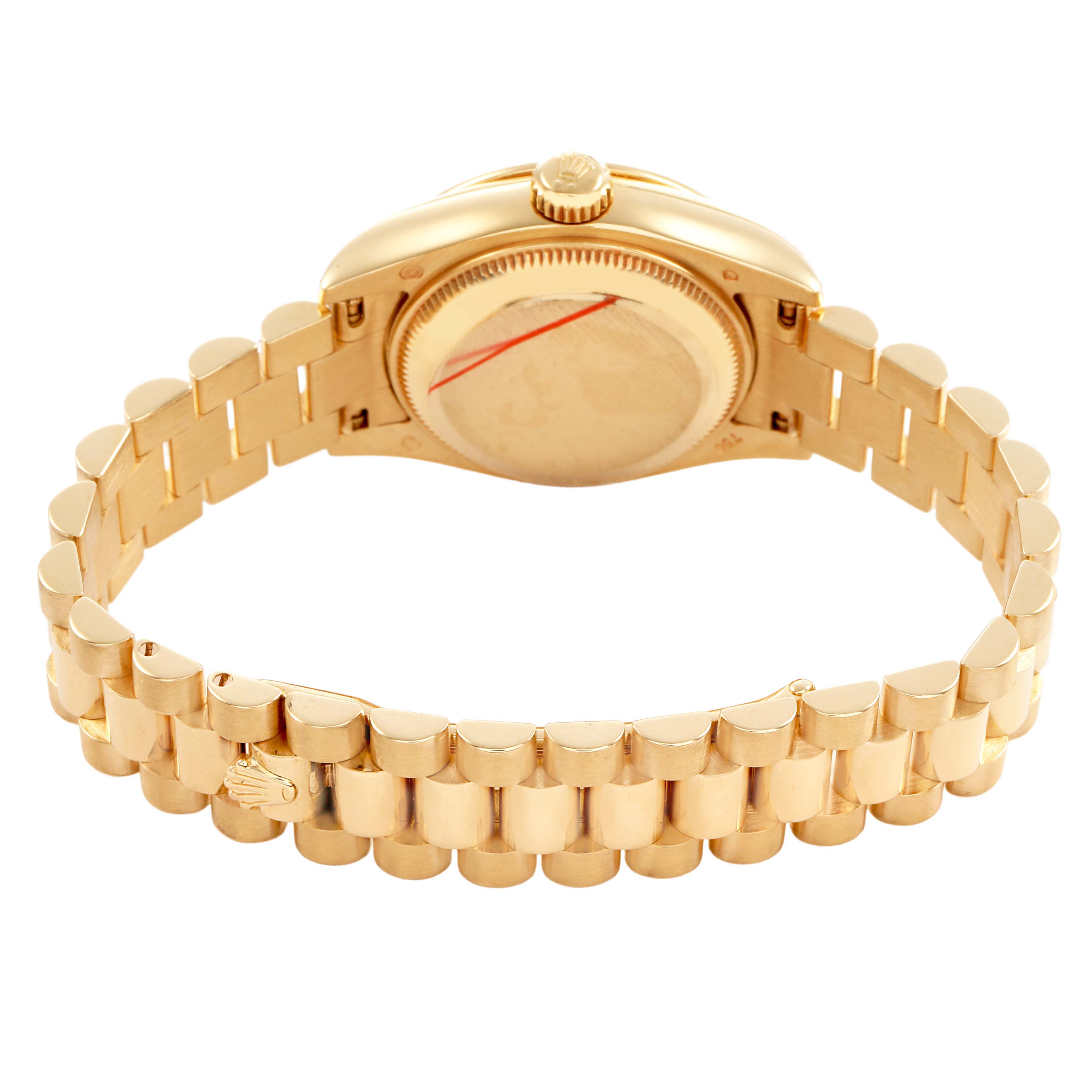 The Rolex President 179158 Women's Yellow Gold Mother of Pearl Dial model watch is shown from the back, highlighting the clasp, case back, and bracelet links.