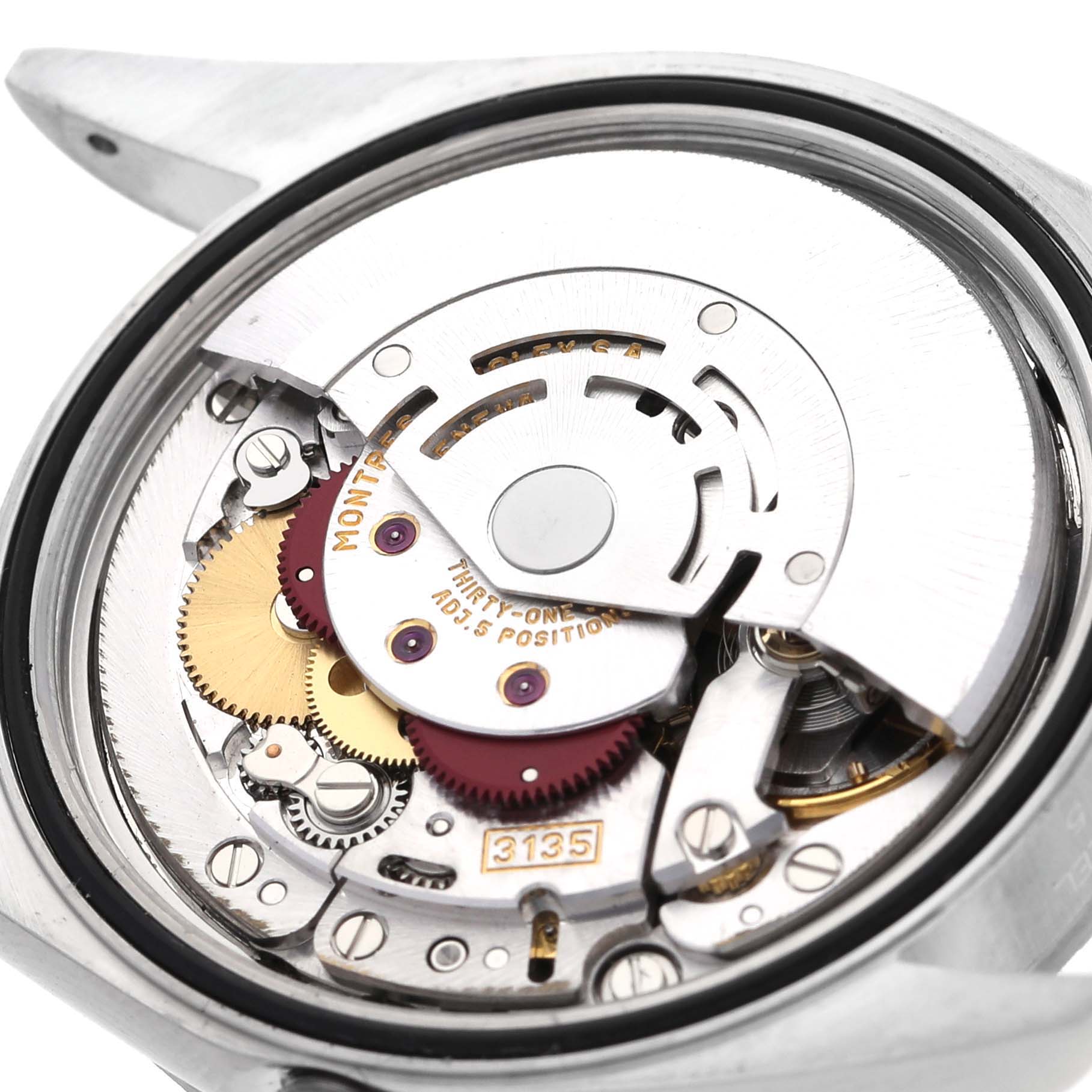 This image shows the internal mechanical movement of a Rolex Datejust 16220 Men's Stainless Steel Silver Dial 16220 Men's Stainless Steel Silver Dial watch, viewed from the back.
