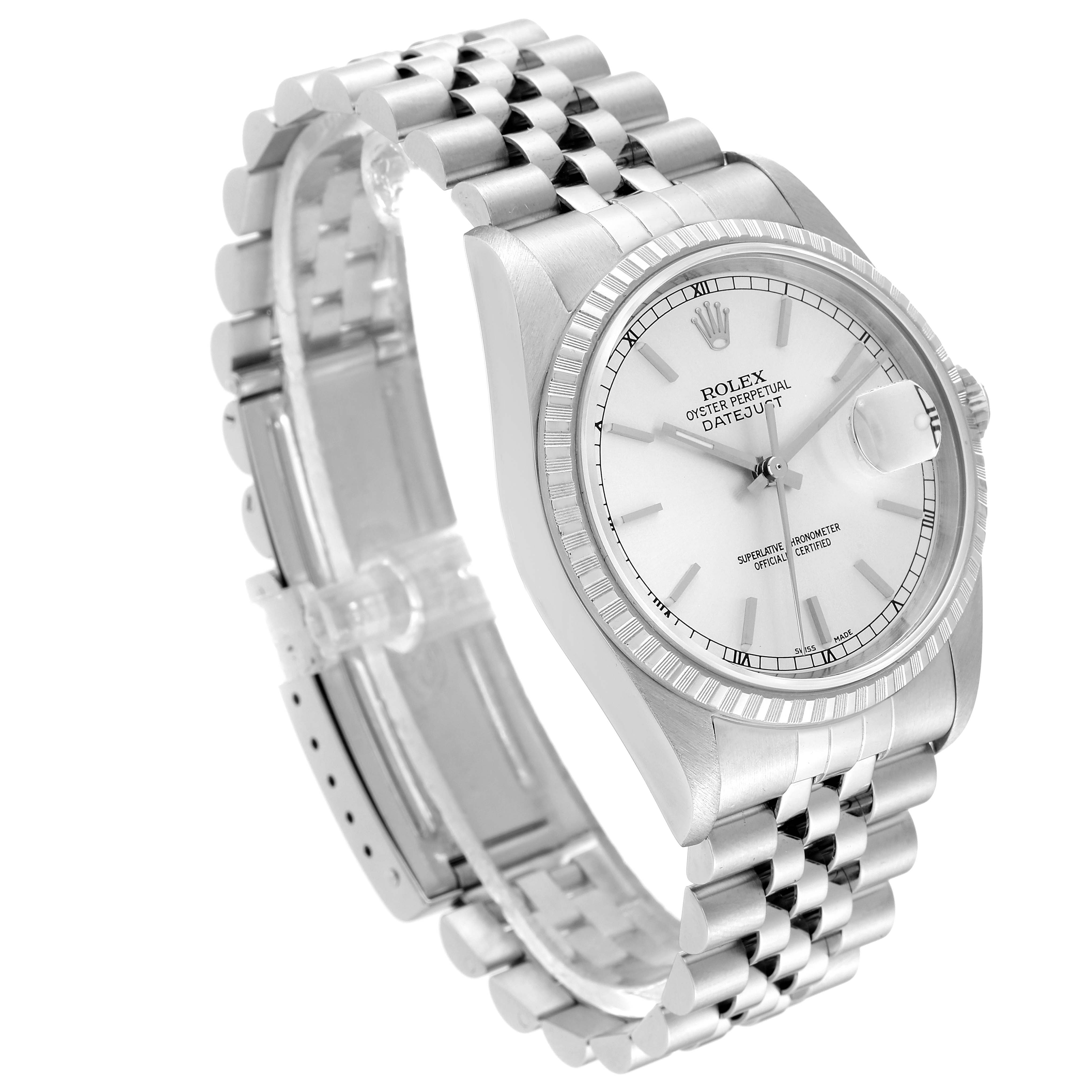 The image shows a Rolex Datejust 16220 Men's Stainless Steel Silver Dial 16220 Men's Stainless Steel Silver Dial watch from a three-quarter angle highlighting its face, bezel, and Jubilee bracelet.