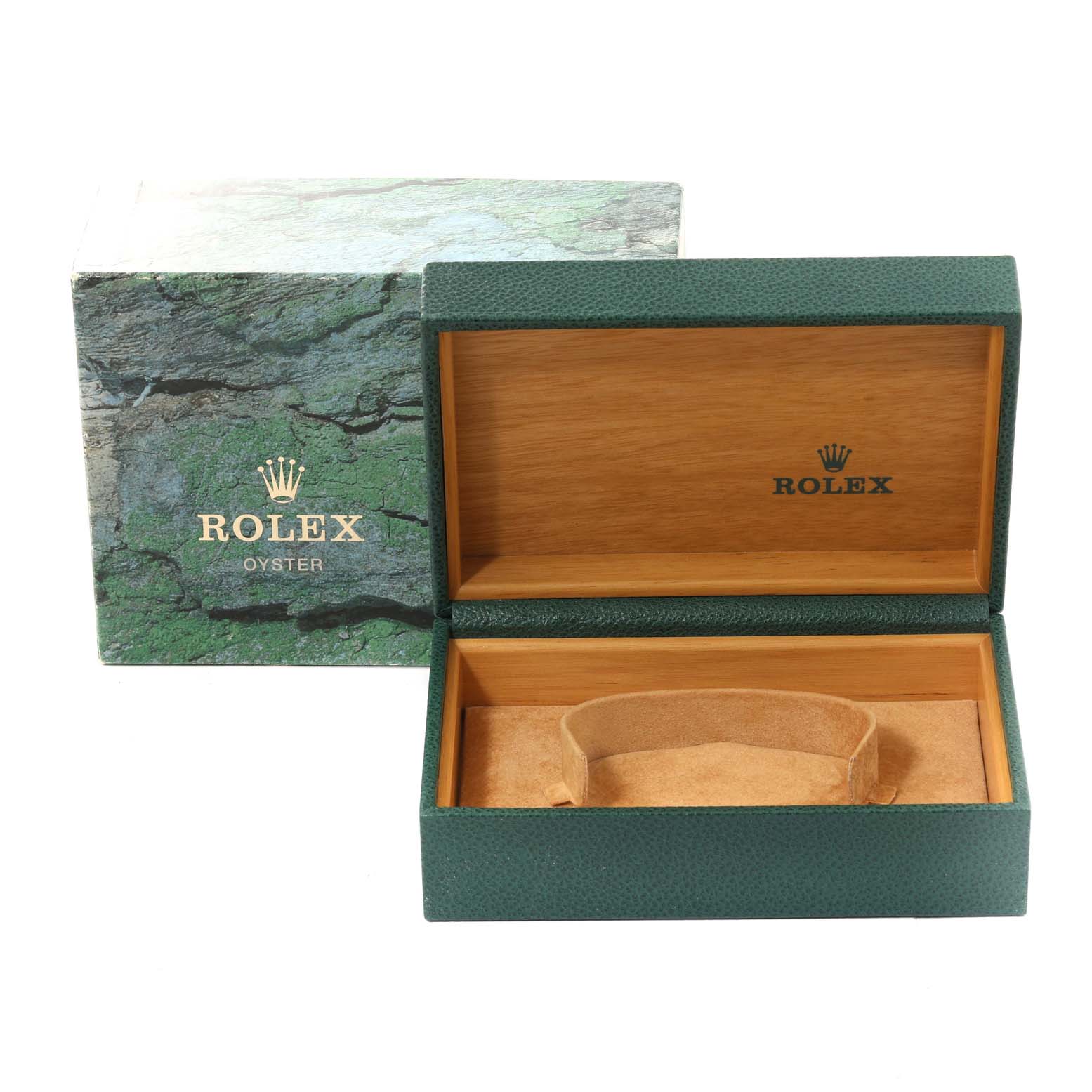 The image shows an open Rolex Datejust 16220 Men's Stainless Steel Silver Dial 16220 Men's Stainless Steel Silver Dial watch box and an outer box from a slightly elevated angle.