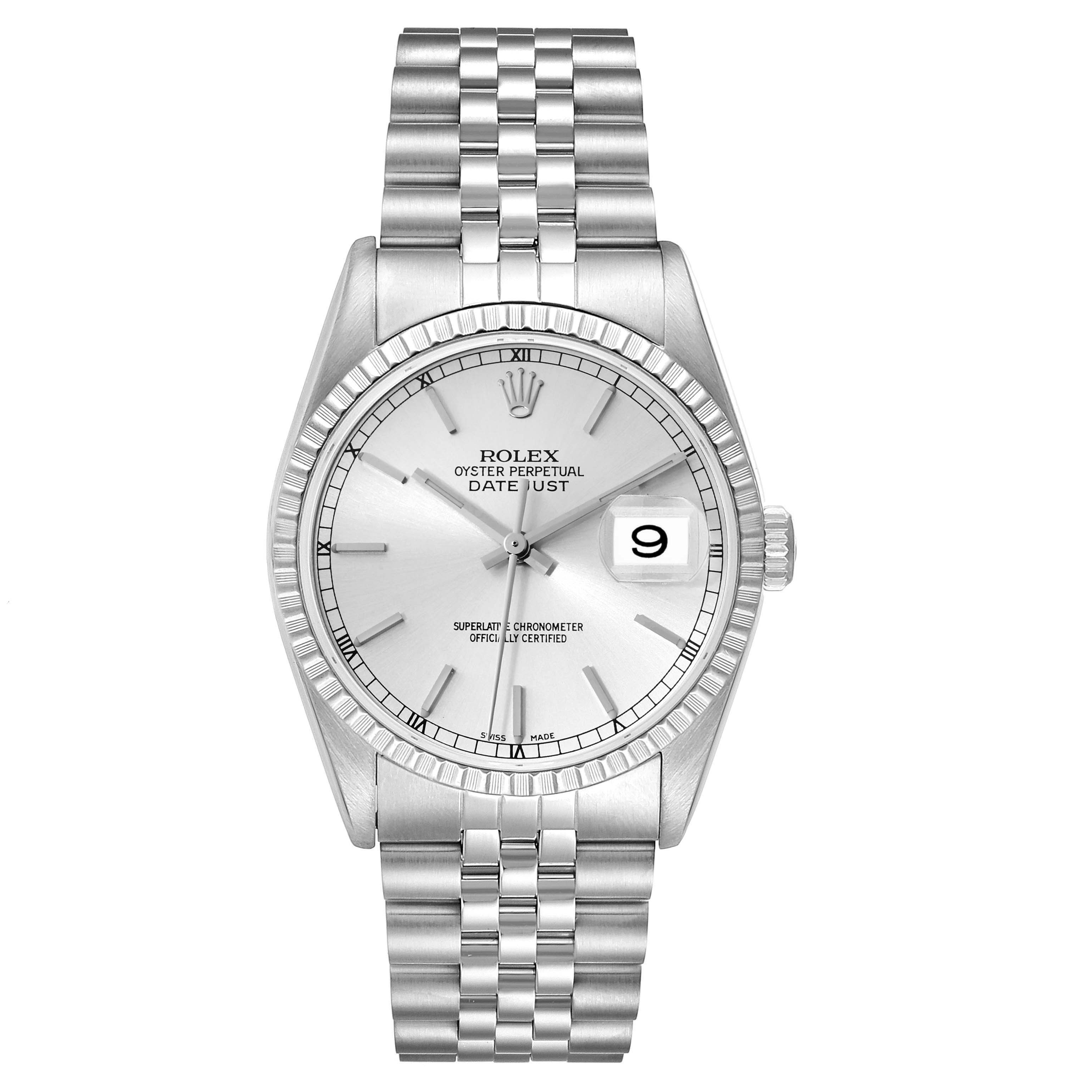 The image shows a front view of the Rolex Datejust 16220 Men's Stainless Steel Silver Dial 16220 Men's Stainless Steel Silver Dial watch, highlighting its silver dial, date window, and stainless steel bracelet.