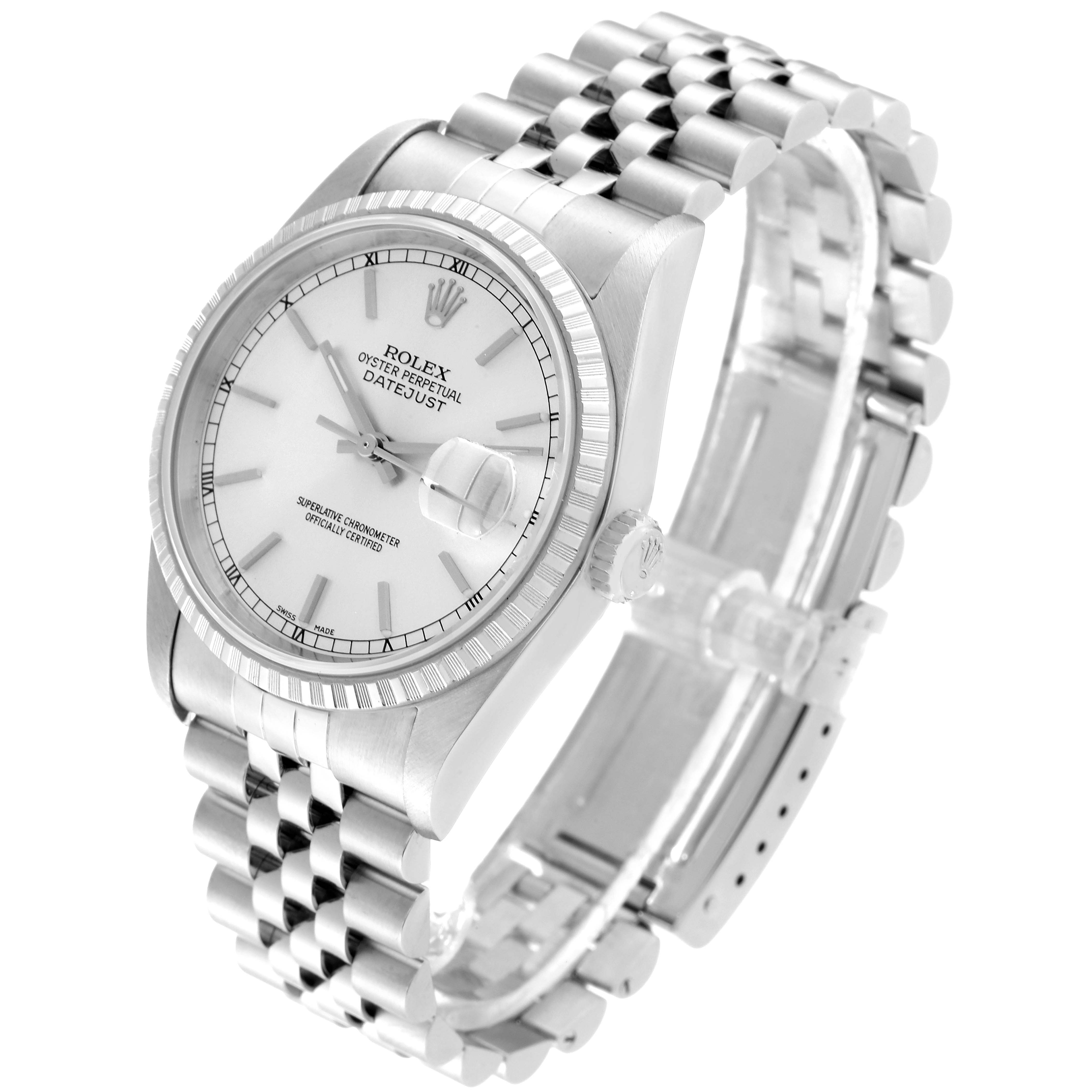 This image shows the Rolex Datejust 16220 Men's Stainless Steel Silver Dial 16220 Men's Stainless Steel Silver Dial watch at a 3/4 angle, highlighting the face, bezel, crown, and jubilee bracelet.
