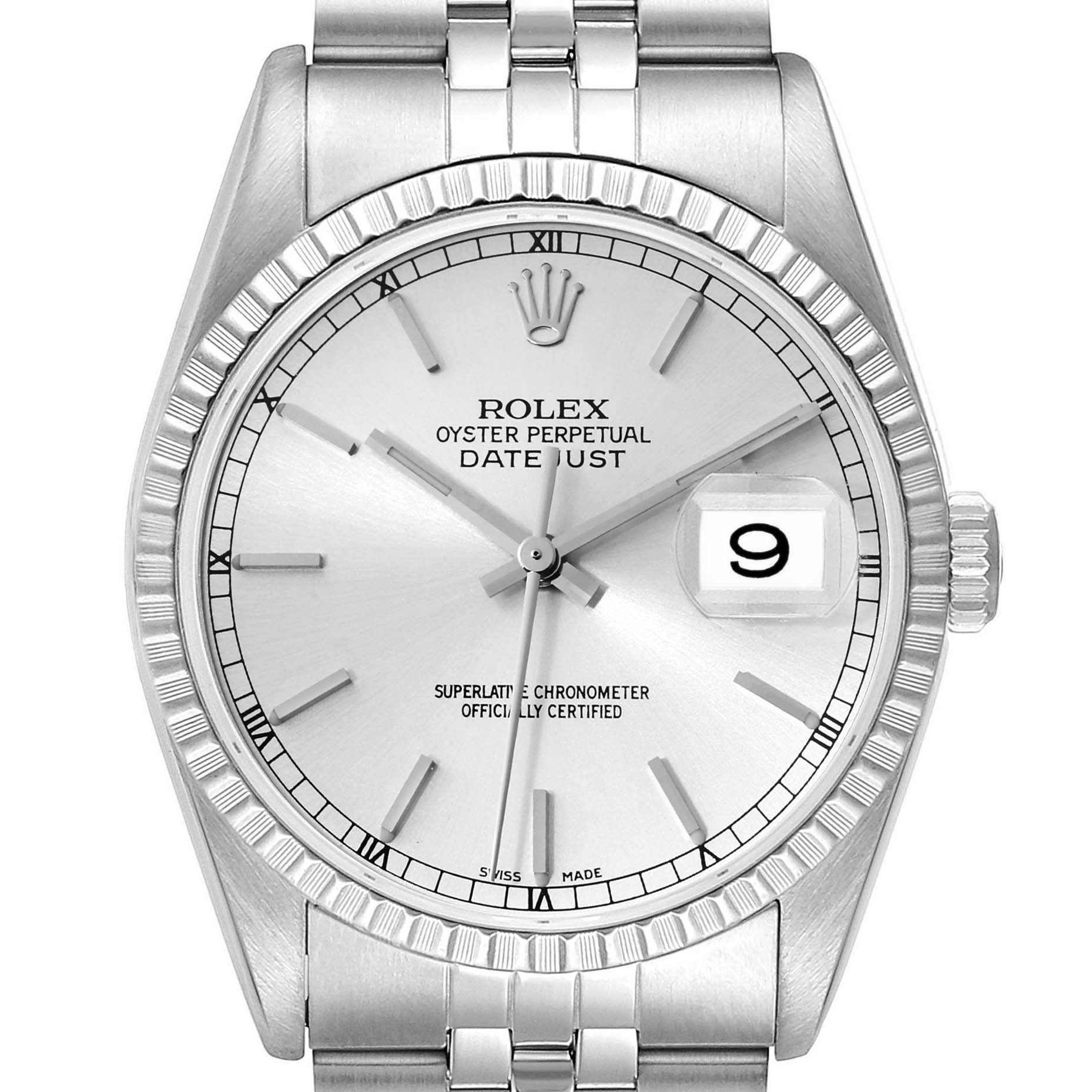 The image shows a front view of a Rolex Datejust 16220 Men's Stainless Steel Silver Dial 16220 Men's Stainless Steel Silver Dial watch, displaying its face, bezel, crown, and part of the bracelet.