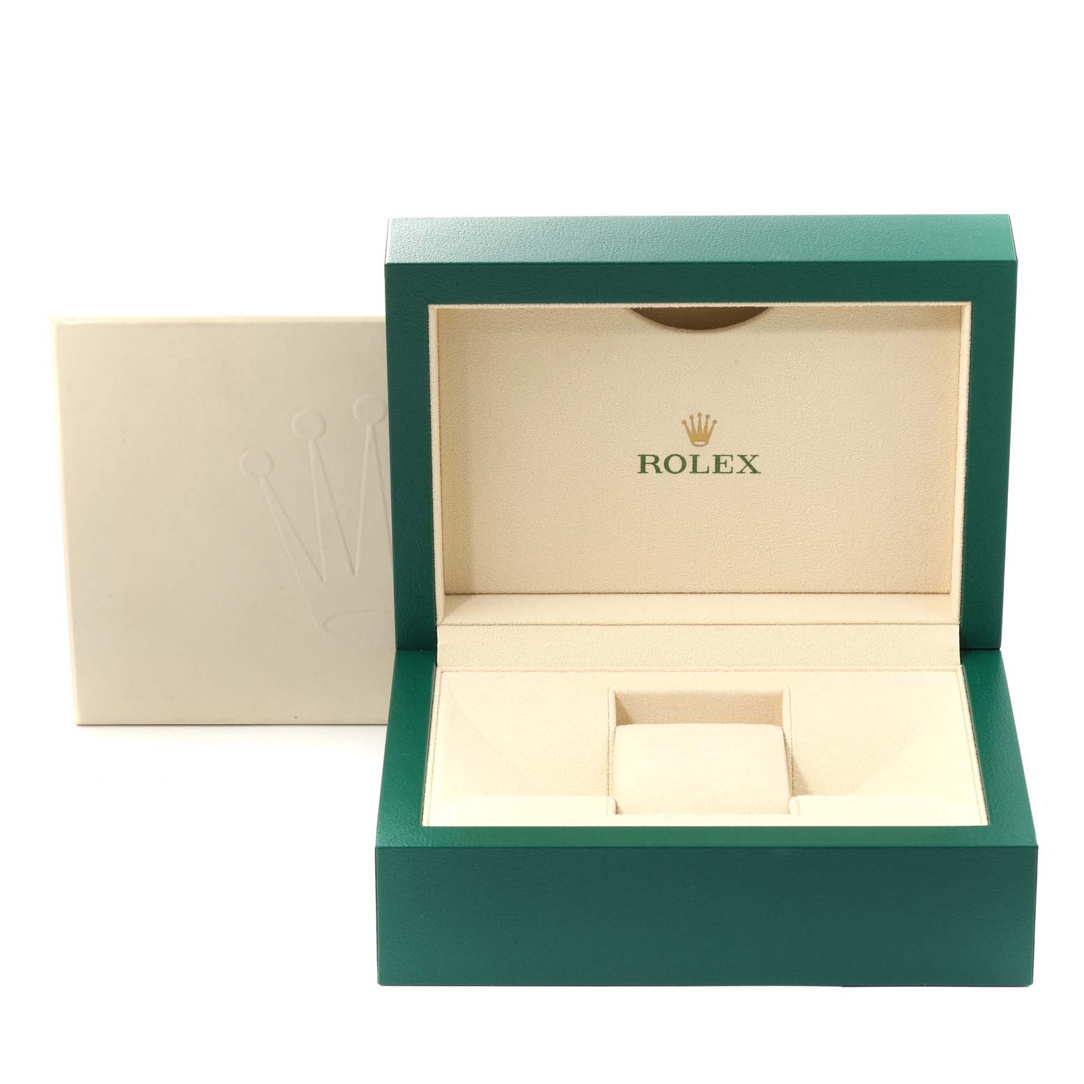 The image shows an open green Rolex watch box for the Datejust model, featuring brand markings inside the box's lid.