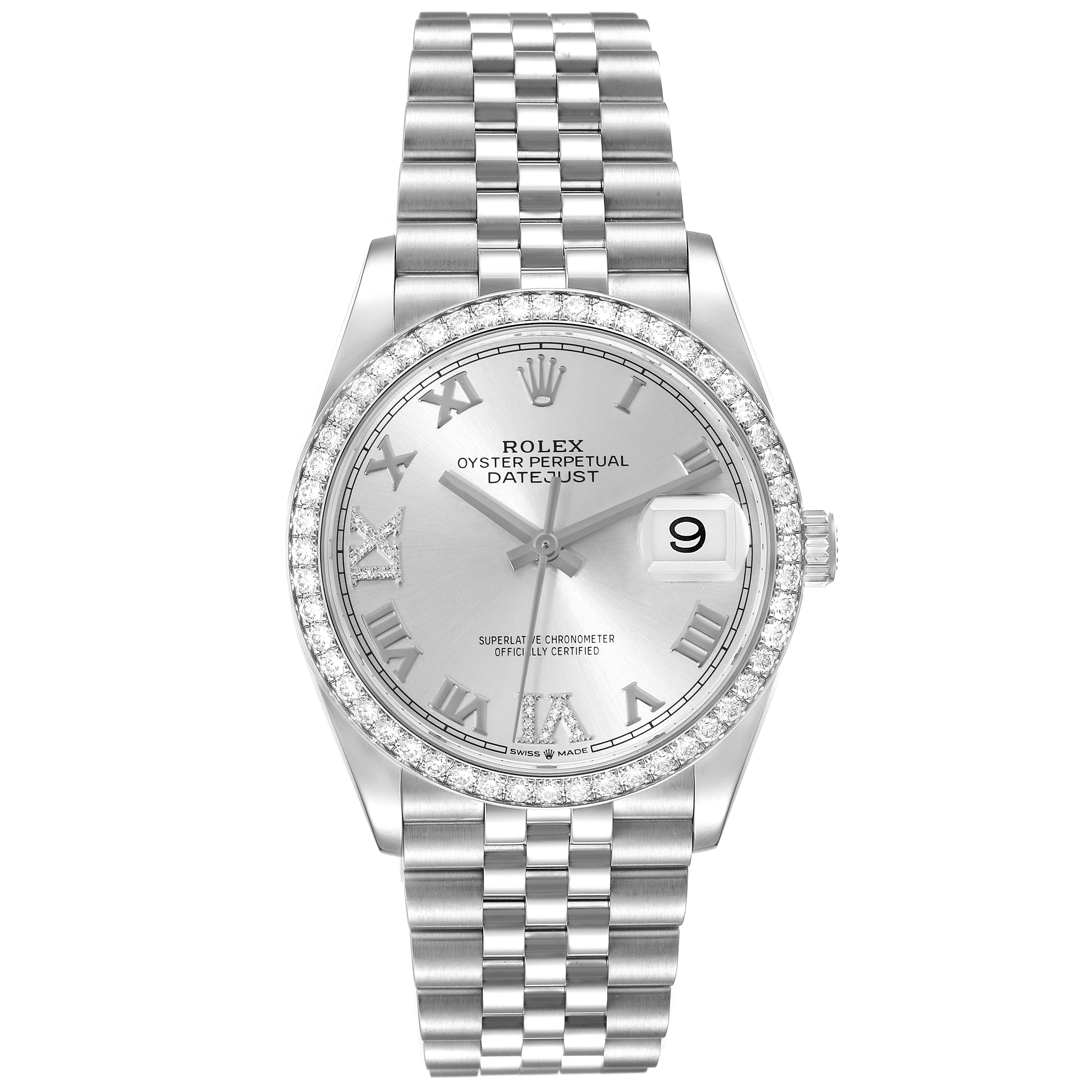 The image shows a front view of a Rolex Datejust 126284 Men's Stainless Steel Silver Dial 126284 Men's Stainless Steel Silver Dial watch, highlighting its silver dial, bracelet, and diamond-encrusted bezel.