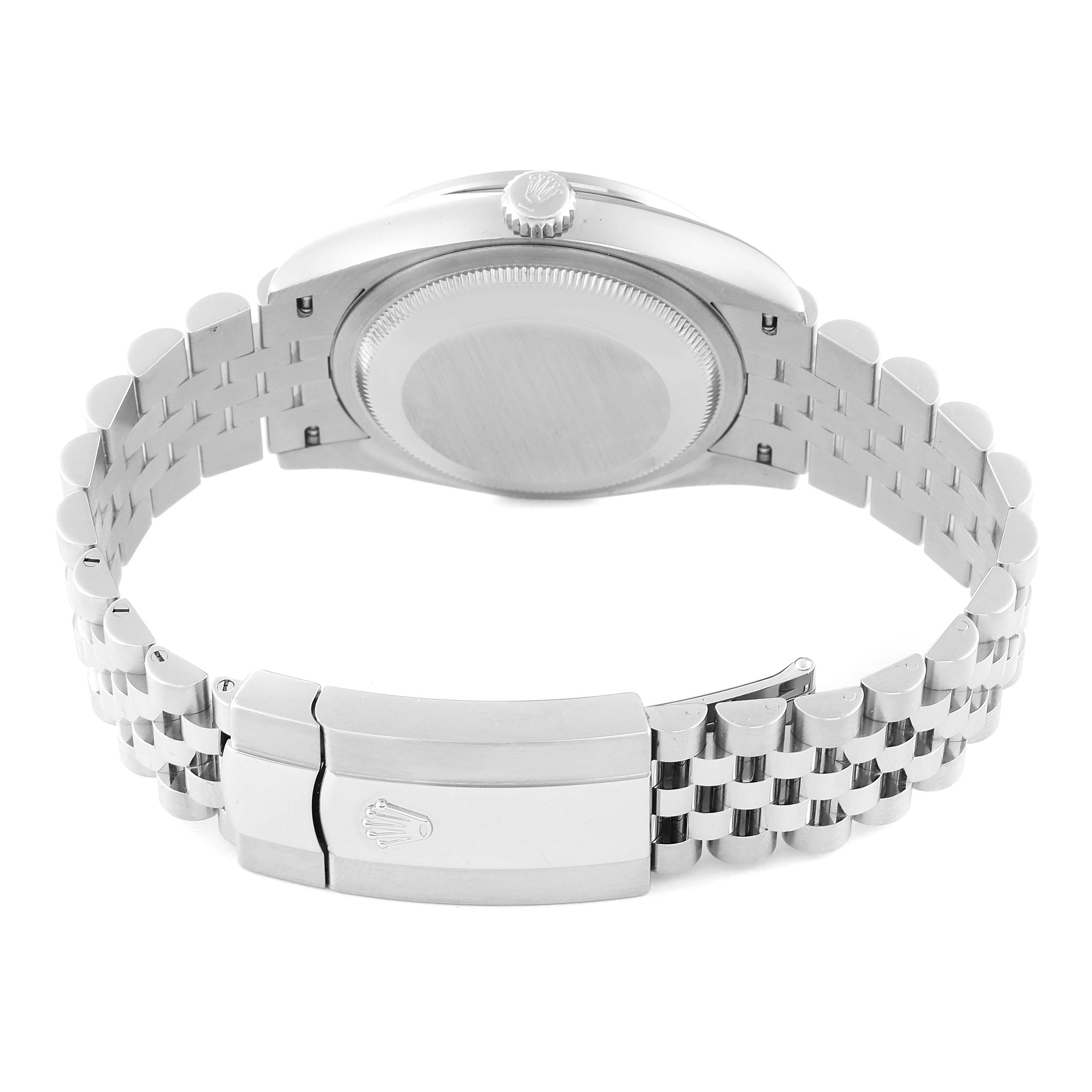 This image shows the back view of a Rolex Datejust 126284 Men's Stainless Steel Silver Dial 126284 Men's Stainless Steel Silver Dial watch, focusing on the case back and the stainless steel bracelet with the clasp.