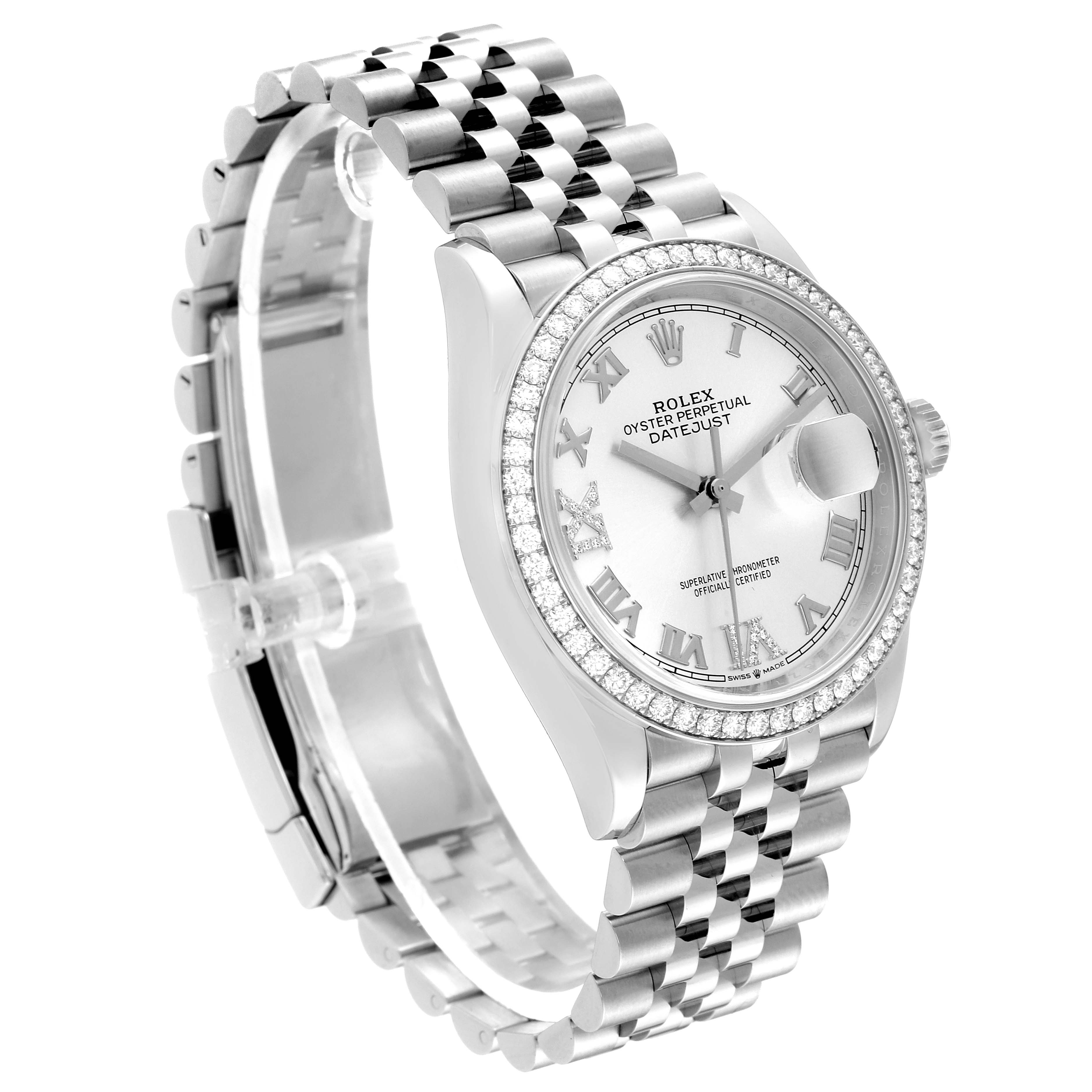 The image shows a Rolex Datejust 126284 Men's Stainless Steel Silver Dial 126284 Men's Stainless Steel Silver Dial watch from an angled perspective, highlighting its face, bracelet, and bezel.
