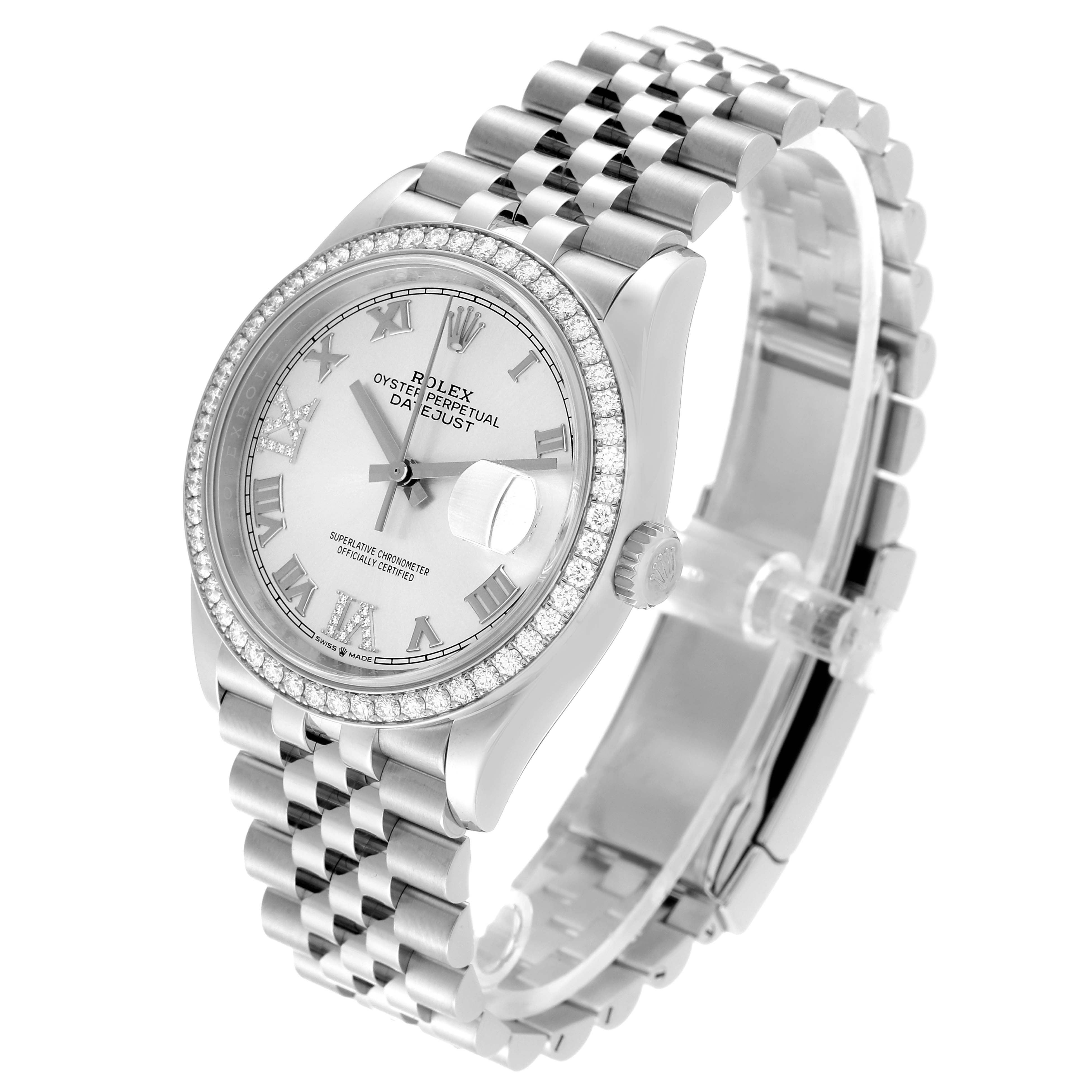 The image shows a Rolex Datejust 126284 Men's Stainless Steel Silver Dial 126284 Men's Stainless Steel Silver Dial watch at a three-quarter angle, highlighting its face, bezel, bracelet, and crown.
