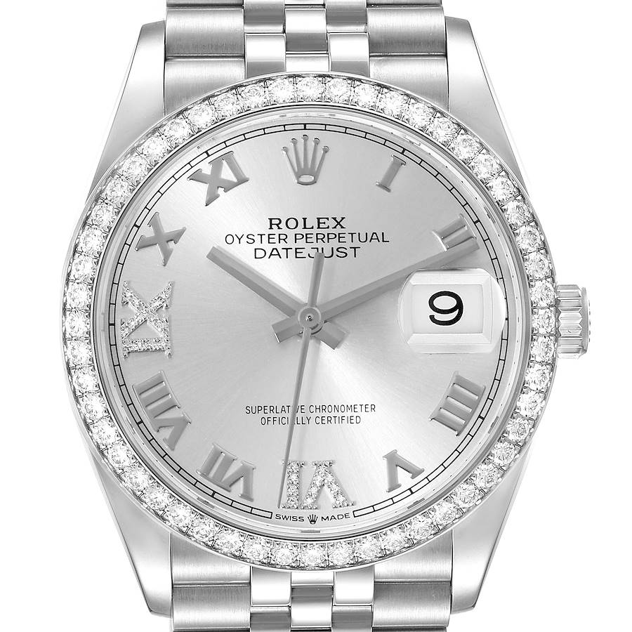 The image shows a front view of the Rolex Datejust watch, featuring a silver dial, diamond bezel, Roman numerals, and date window.