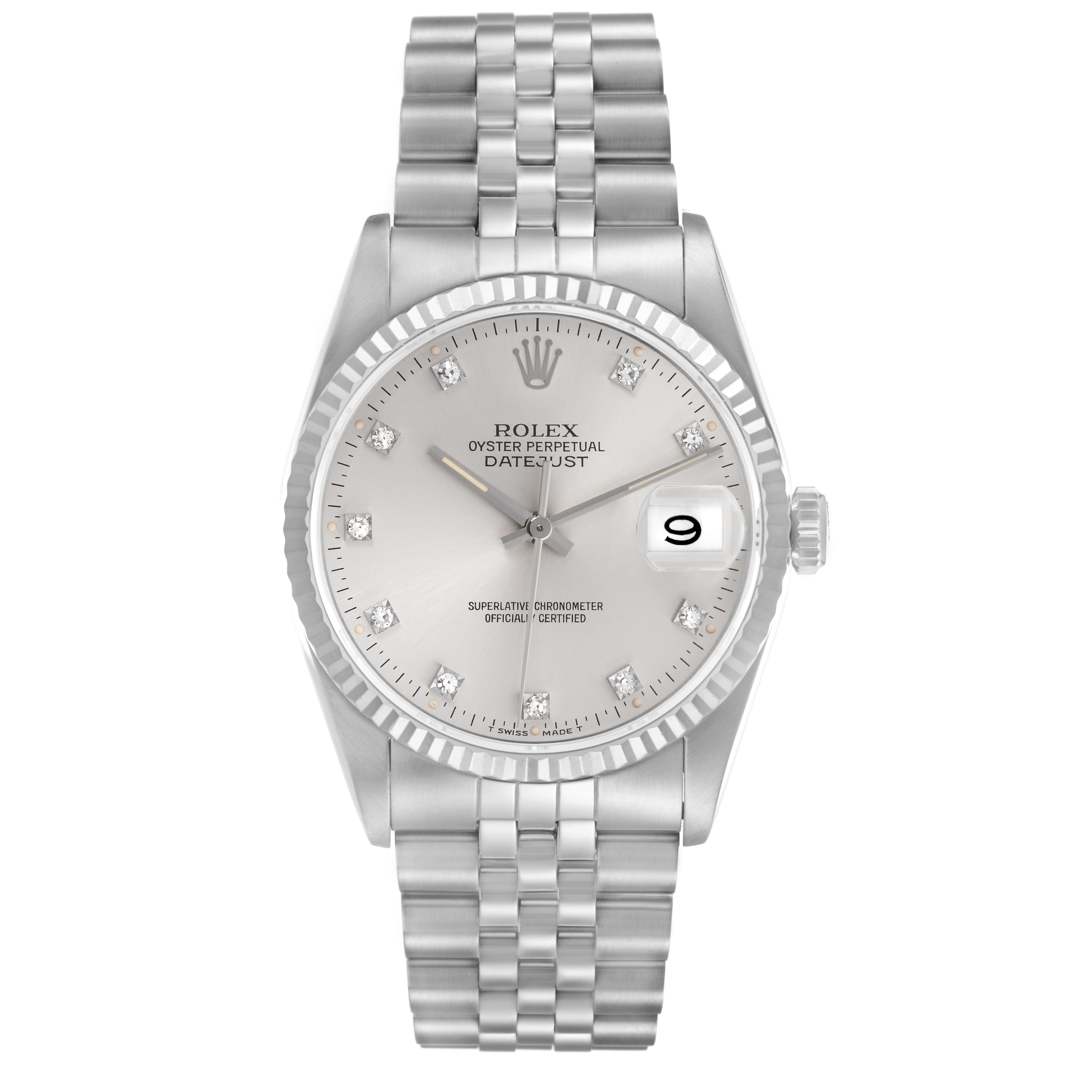 The Rolex Datejust 16220 Men
s Stainless Steel Silver Dial 16220 Men
s Stainless Steel Silver Dial watch is shown from a front angle, displaying its dial, bezel, and bracelet.