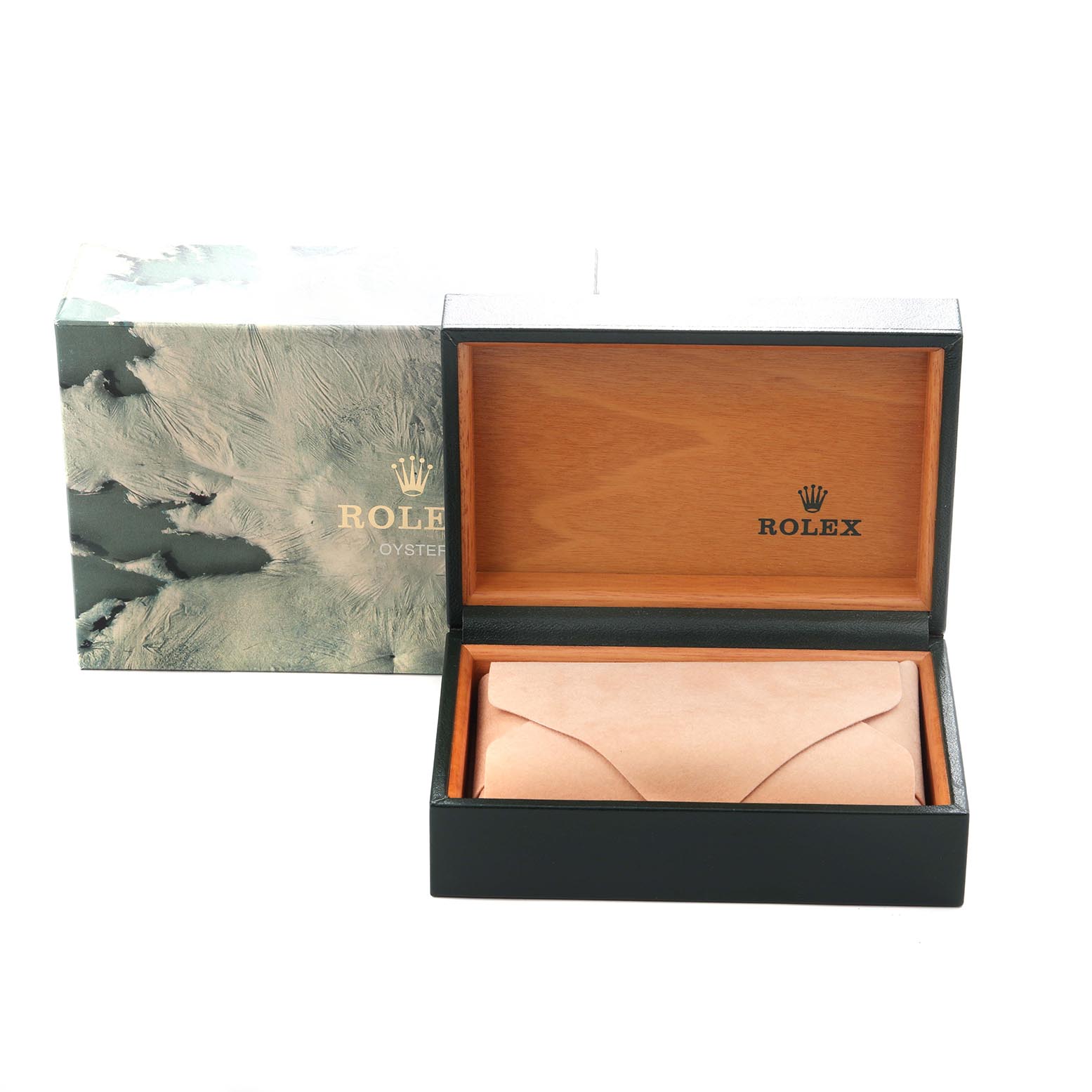 The image shows the Rolex Datejust 16220 Men
s Stainless Steel Silver Dial 16220 Men
s Stainless Steel Silver Dial box with a wooden interior and a leather pouch, angled to display the open box.