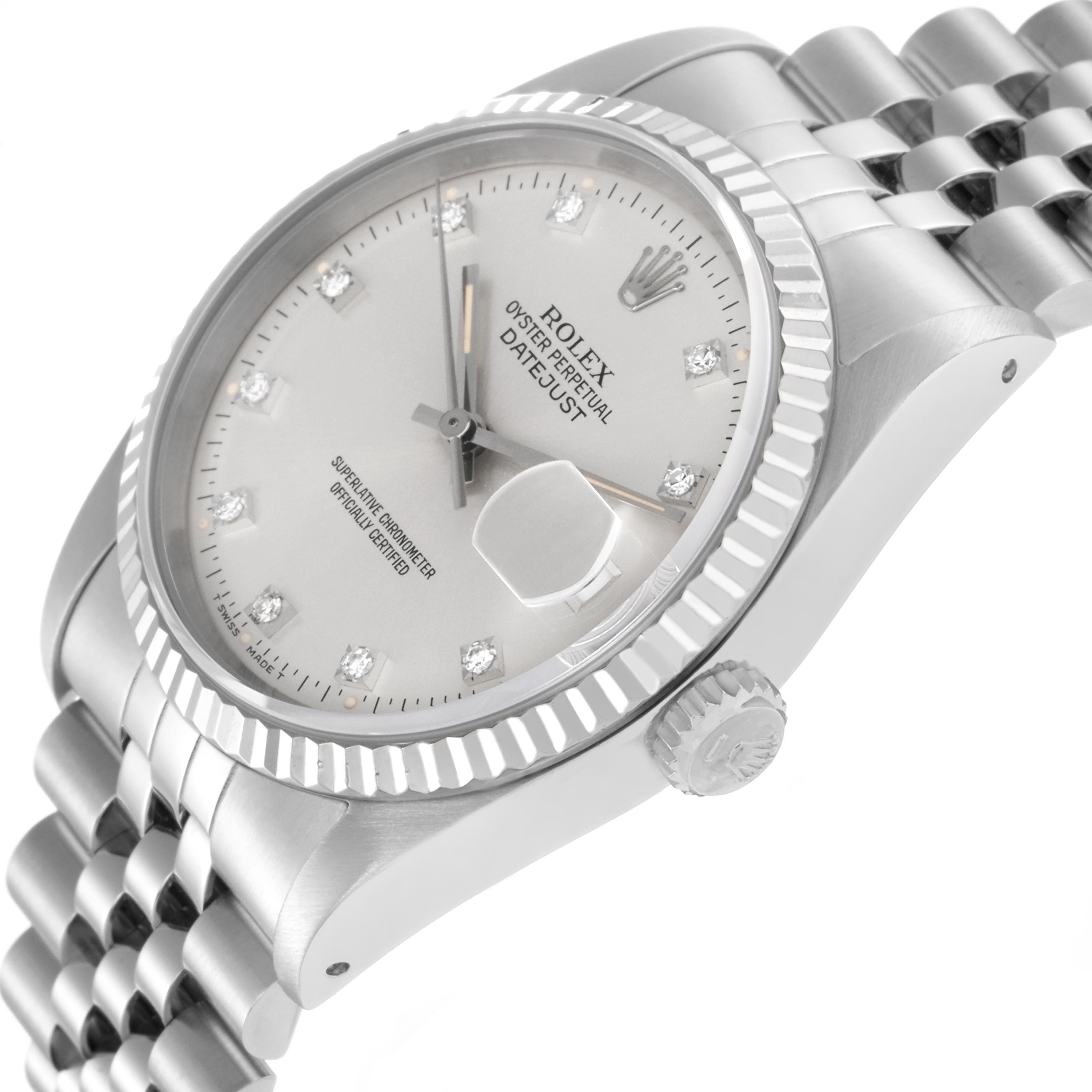 The Rolex Datejust 16220 Men
s Stainless Steel Silver Dial 16220 Men
s Stainless Steel Silver Dial watch is shown at an oblique angle, highlighting the face, bezel, crown, and bracelet.