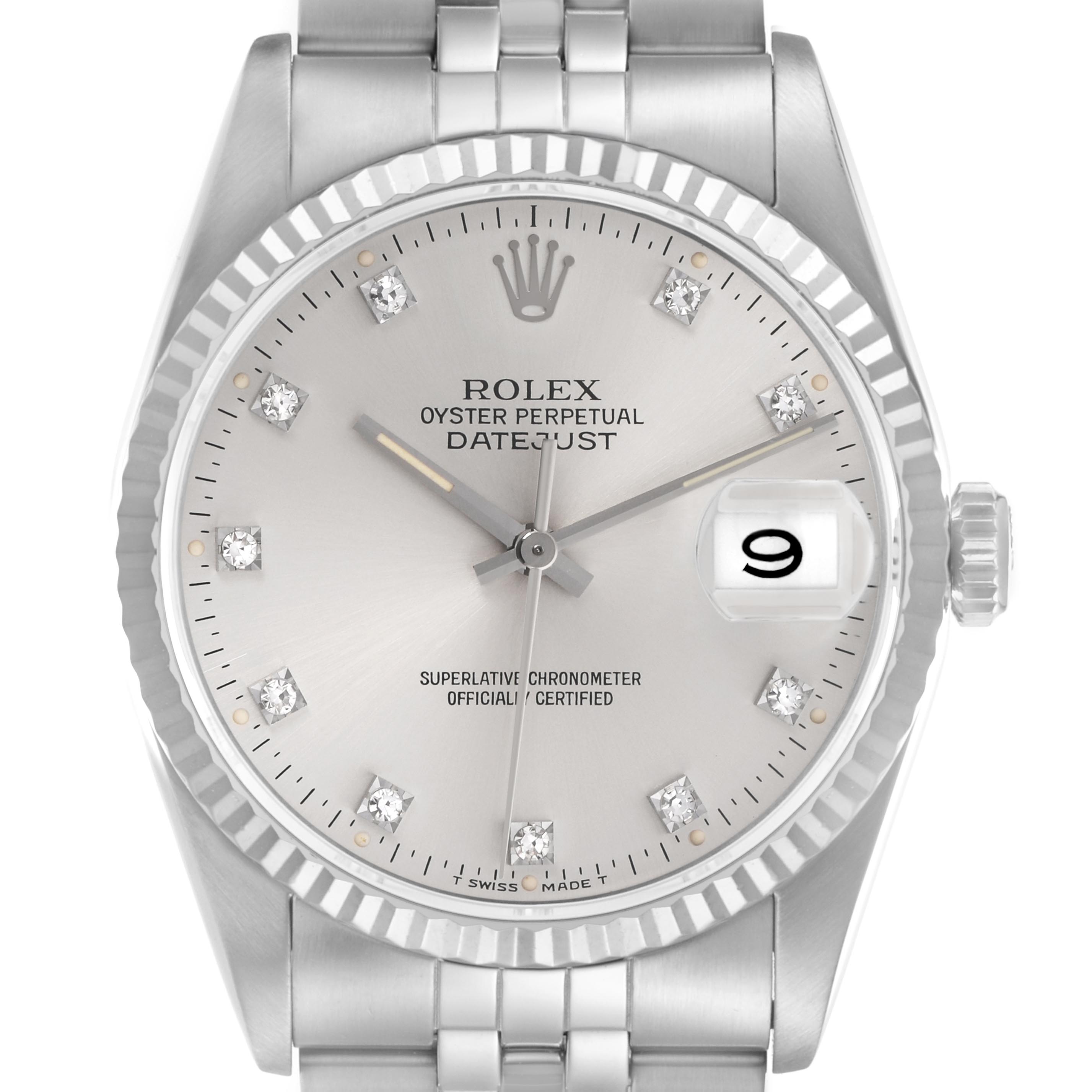 The Rolex Datejust 16220 Men
s Stainless Steel Silver Dial 16220 Men
s Stainless Steel Silver Dial watch is shown from the front, displaying the dial, fluted bezel, hands, date window, and part of the bracelet.