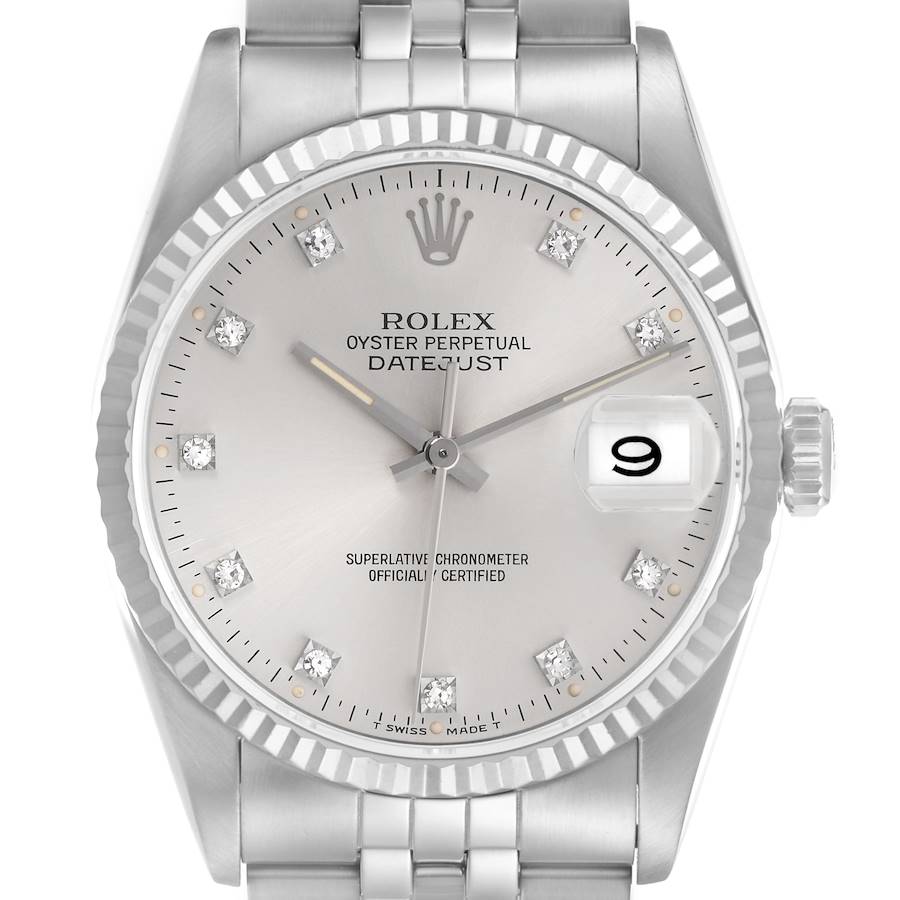 The Rolex Datejust watch is shown from the front, displaying the dial, fluted bezel, hands, date window, and part of the bracelet.