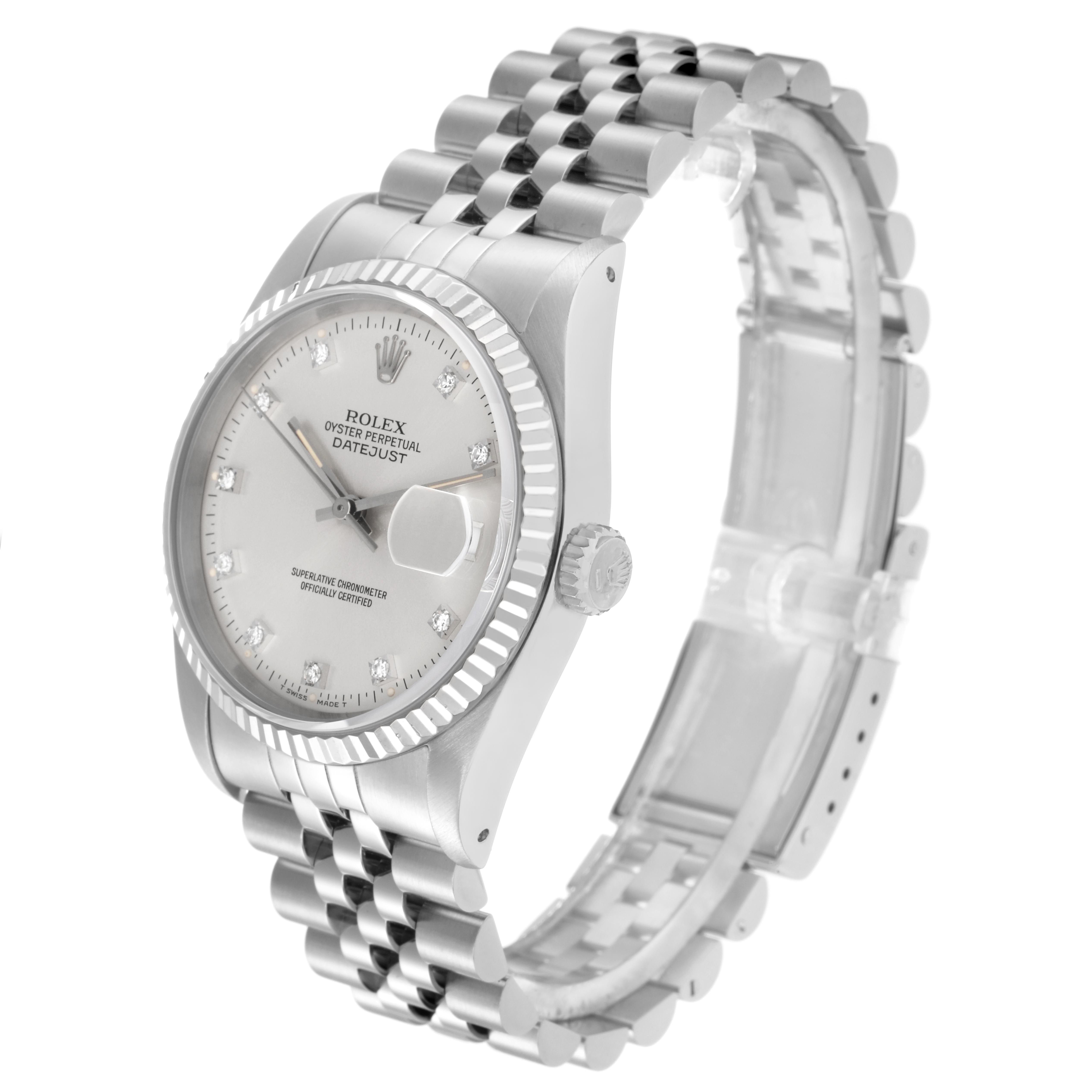 The Rolex Datejust 16220 Men
s Stainless Steel Silver Dial 16220 Men
s Stainless Steel Silver Dial watch is shown at a slight angle, highlighting the face, bezel, crown, and Jubilee bracelet.