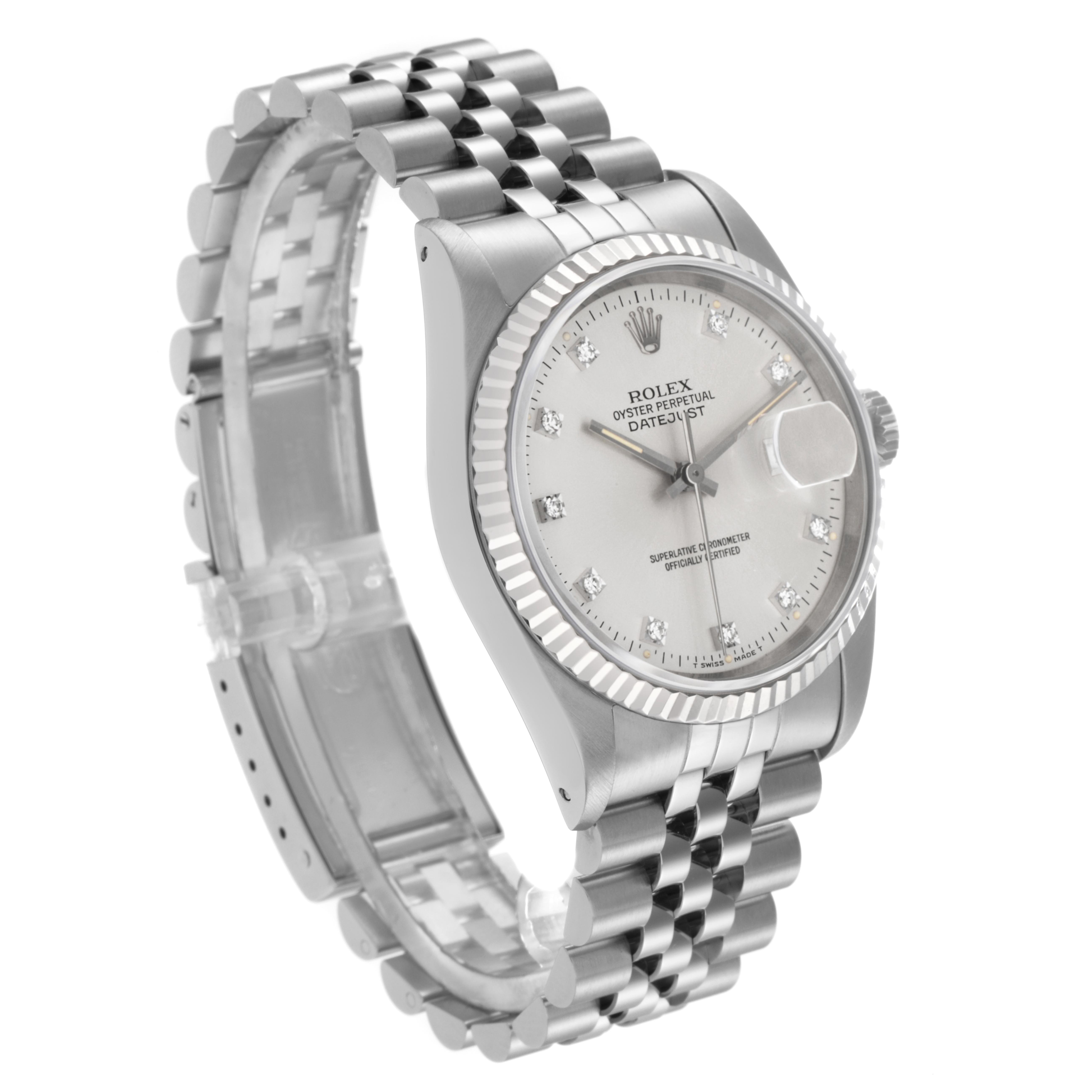 The Rolex Datejust 16220 Men
s Stainless Steel Silver Dial 16220 Men
s Stainless Steel Silver Dial watch is shown at a three-quarter angle, highlighting the case, bezel, dial, and Jubilee bracelet.