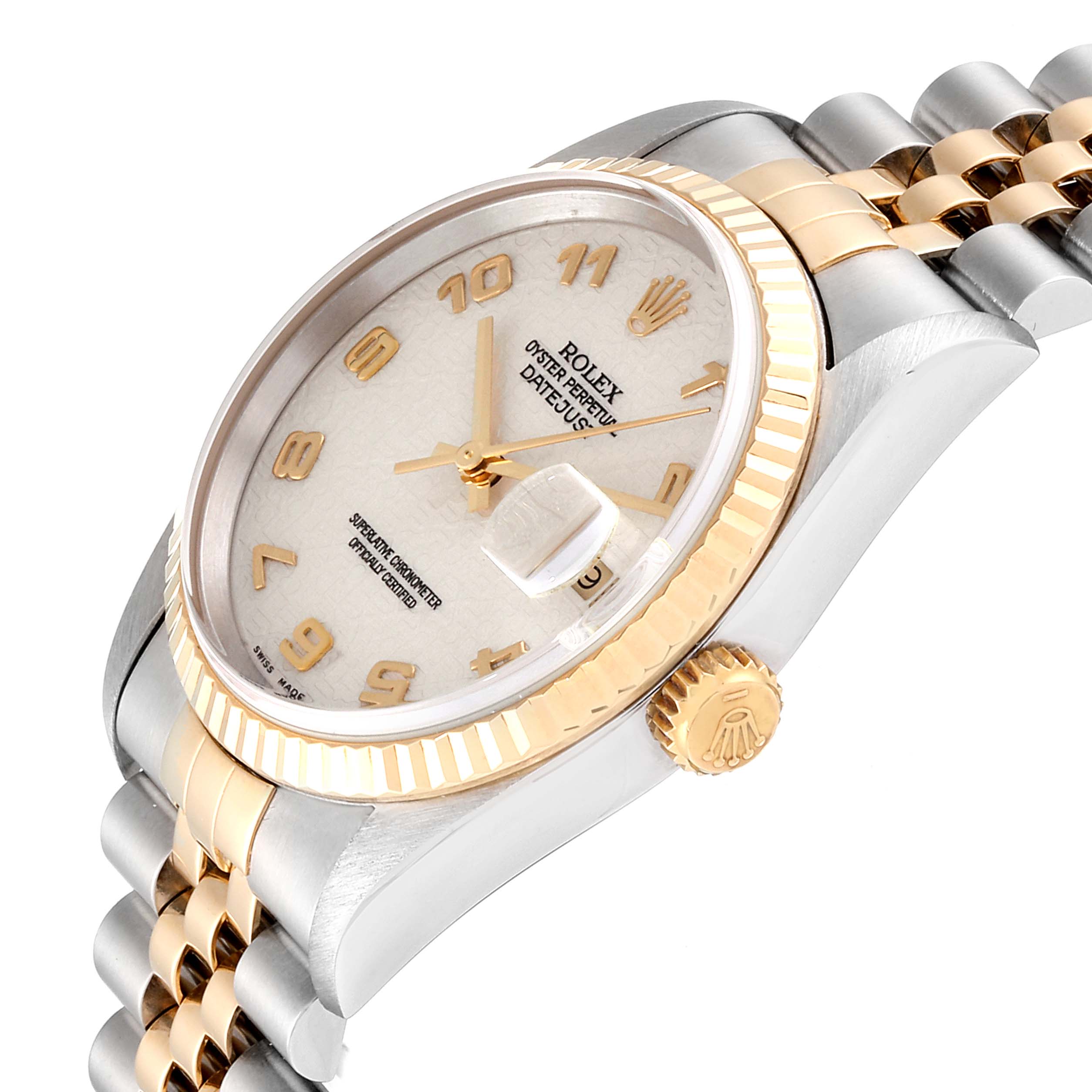 This image shows a side and partial top view of the Rolex Datejust 16233 Men's Steel and Gold (two tone) Beige Dial 16233 Men's Steel and Gold (two tone) Beige Dial watch, highlighting the dial, crown, and a section of the bracelet.