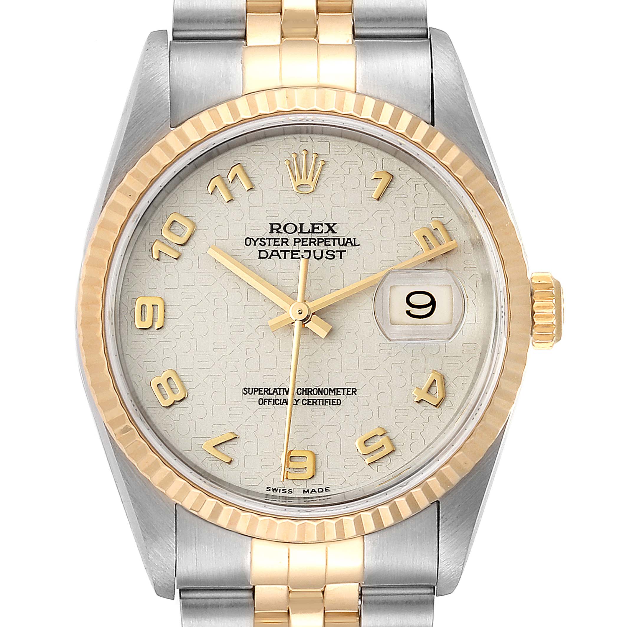 The image shows a front view of a Rolex Datejust 16233 Men's Steel and Gold (two tone) Beige Dial 16233 Men's Steel and Gold (two tone) Beige Dial watch, highlighting the dial, bezel, crown, and part of the bracelet.