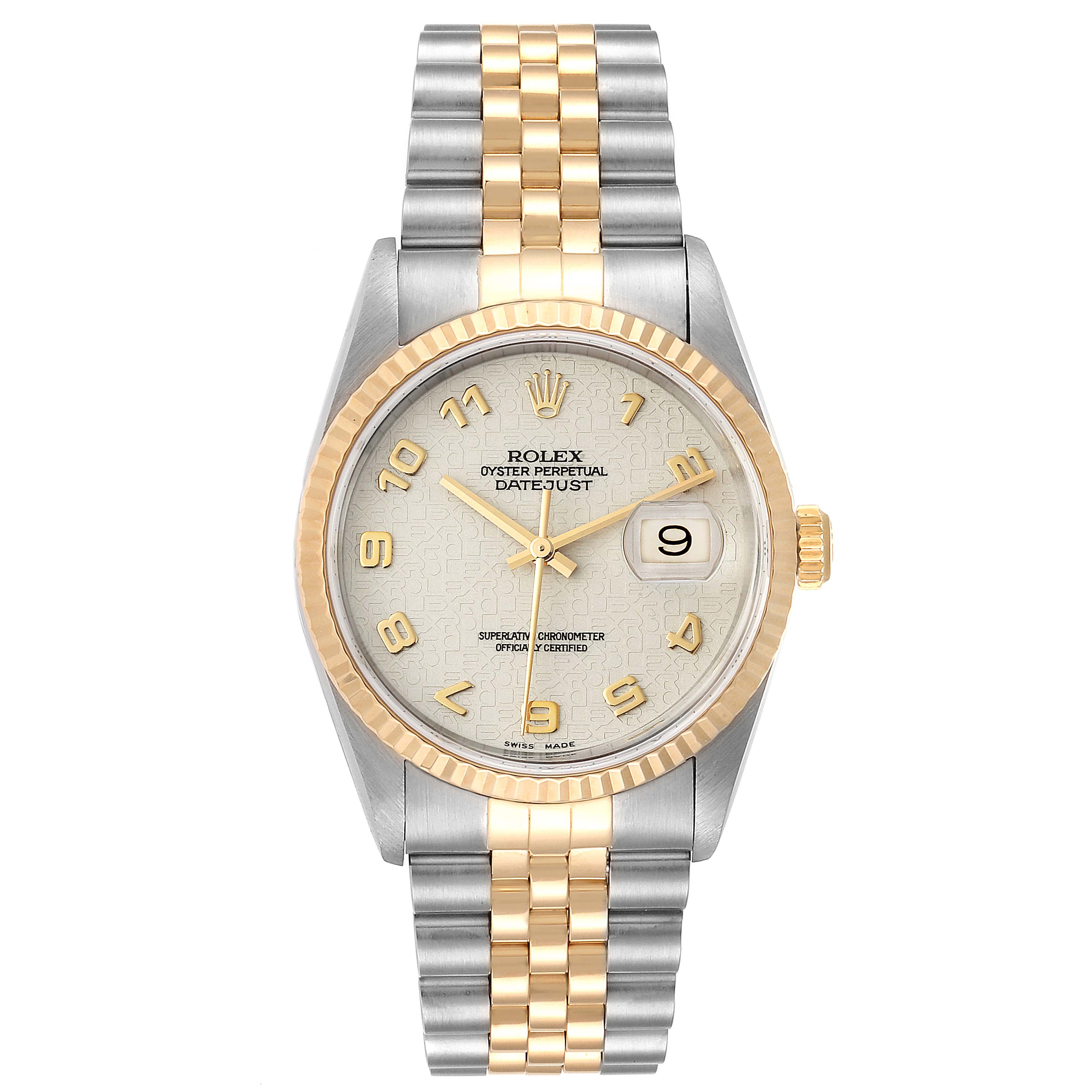 This image shows a front view of a Rolex Datejust 16233 Men's Steel and Gold (two tone) Beige Dial 16233 Men's Steel and Gold (two tone) Beige Dial model watch with a two-tone bracelet and a date display.