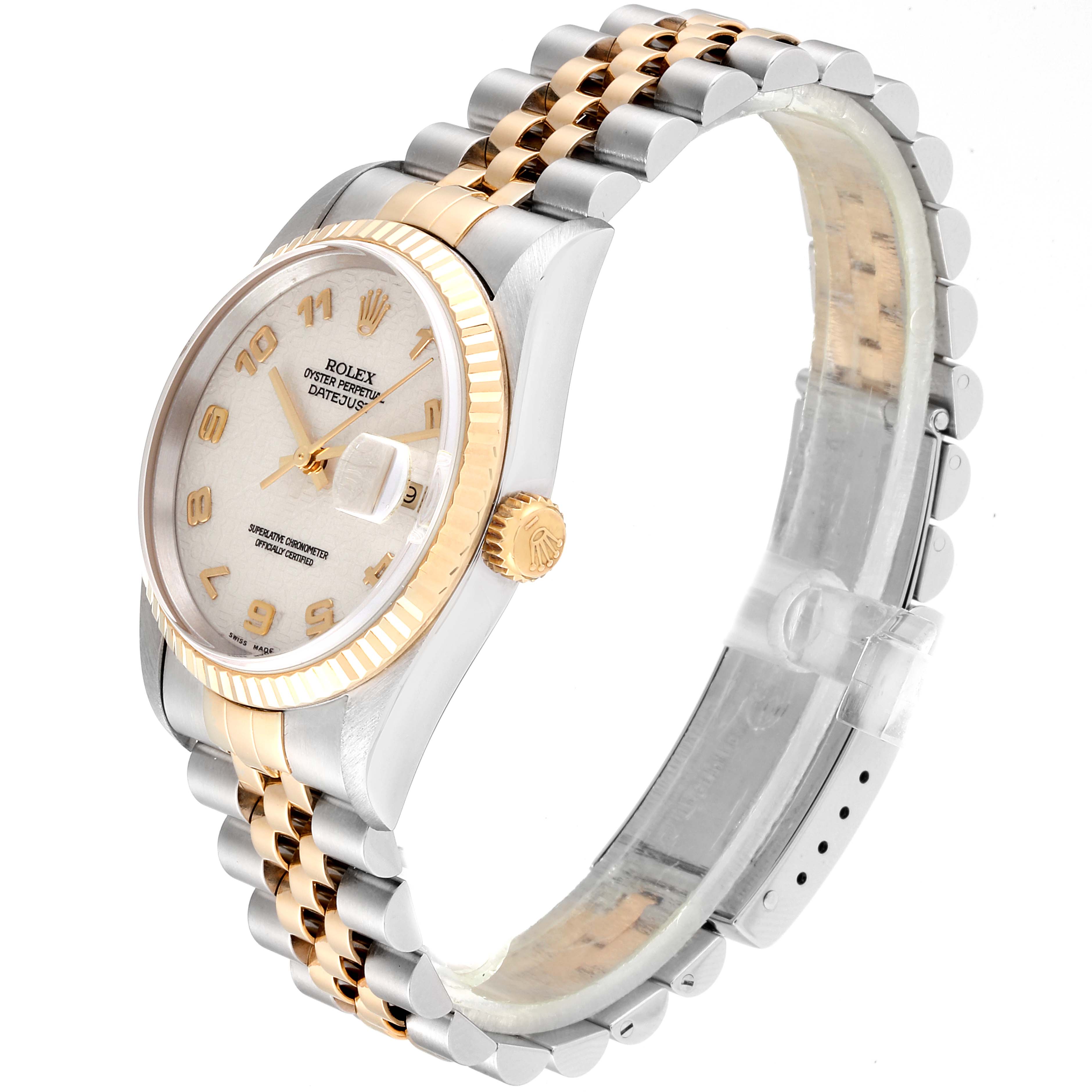 This Rolex Datejust 16233 Men's Steel and Gold (two tone) Beige Dial 16233 Men's Steel and Gold (two tone) Beige Dial model is shown at a slight angle highlighting the dial, bezel, crown, and the two-tone Jubilee bracelet.