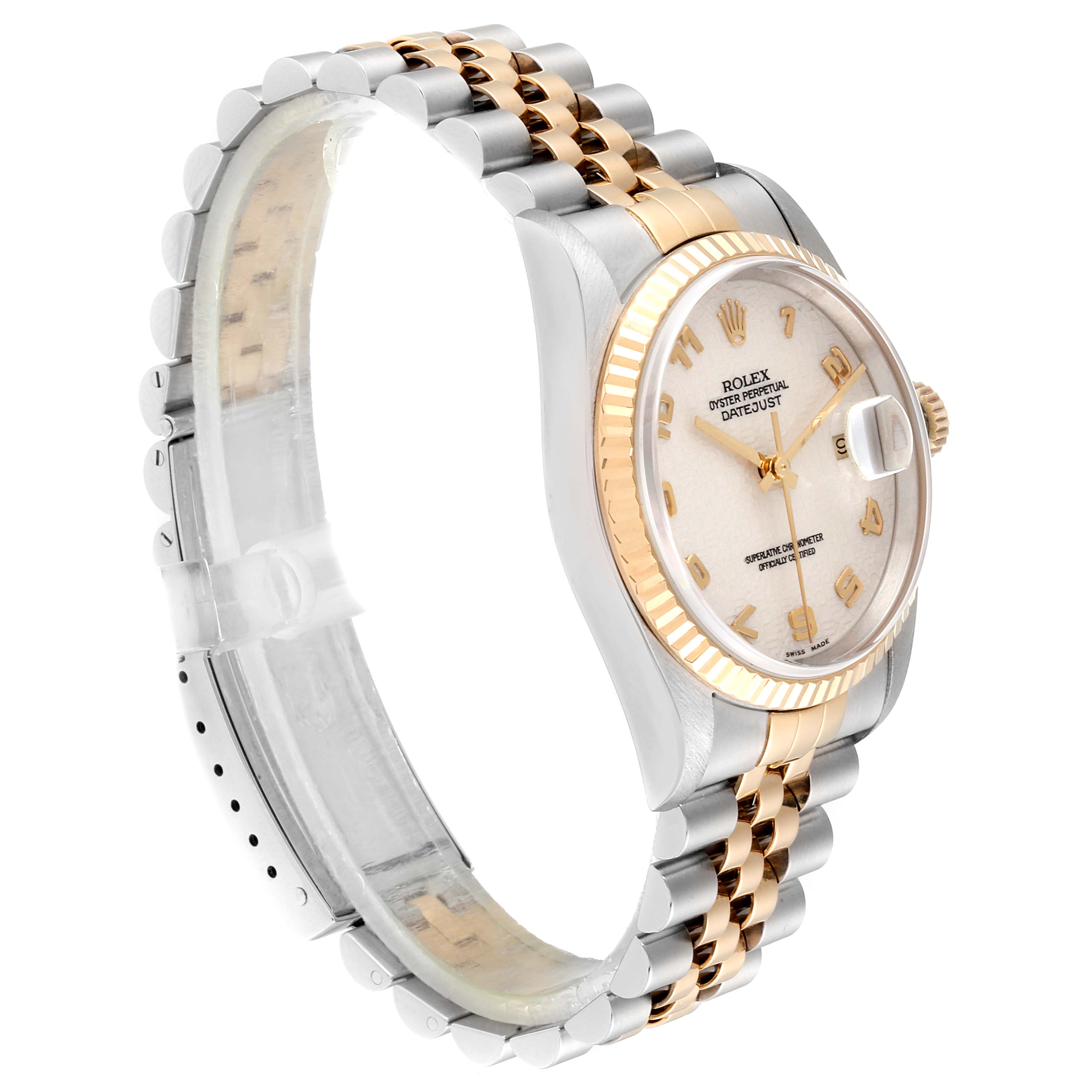 The image shows a Rolex Datejust 16233 Men's Steel and Gold (two tone) Beige Dial 16233 Men's Steel and Gold (two tone) Beige Dial watch from a side angle, displaying the dial, bezel, case, and two-tone bracelet.