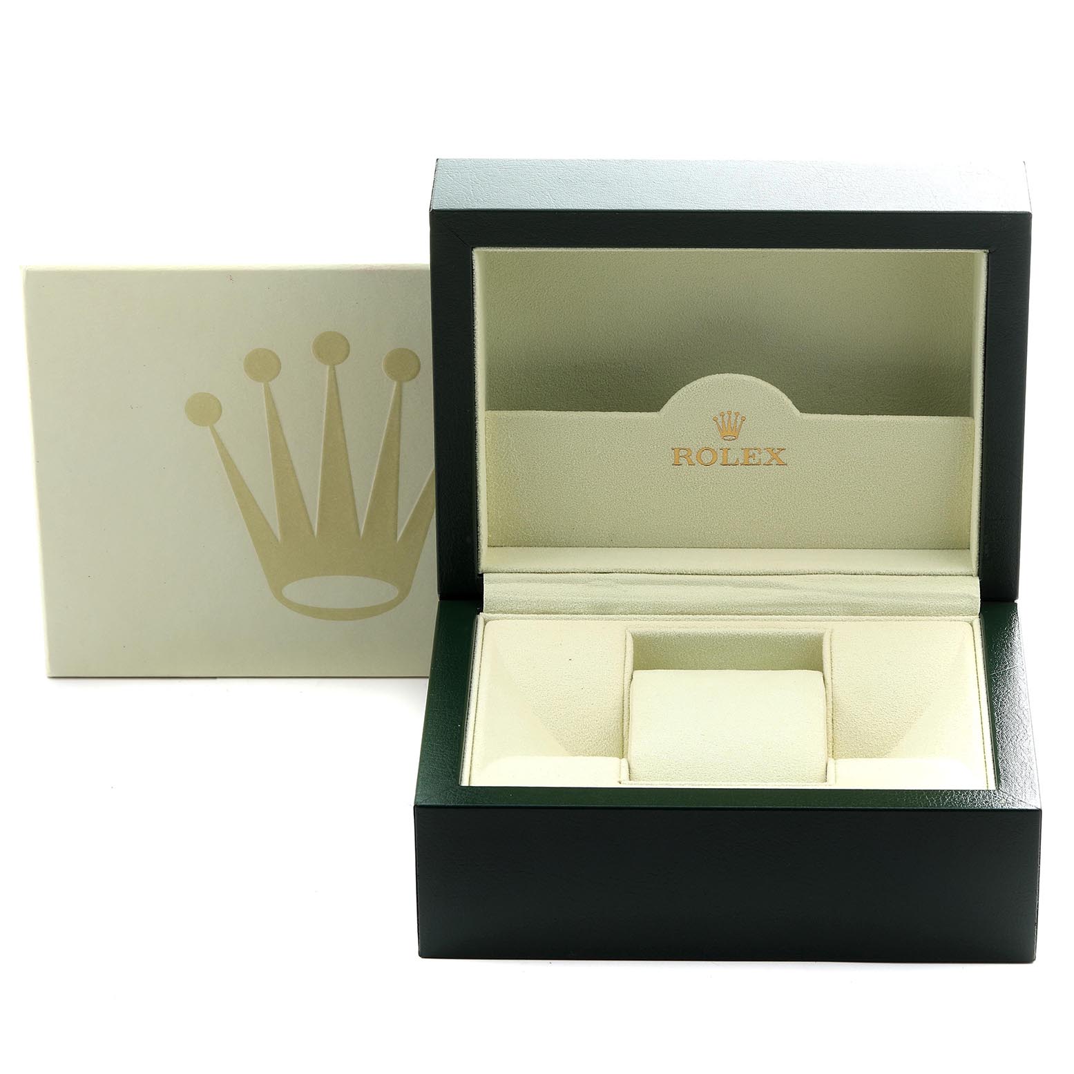 The image shows an open box for a Rolex Datejust 179174 Women
s Stainless Steel Mother of Pearl Dial 179174 Women
s Stainless Steel Mother of Pearl Dial watch, displaying the interior and logo.