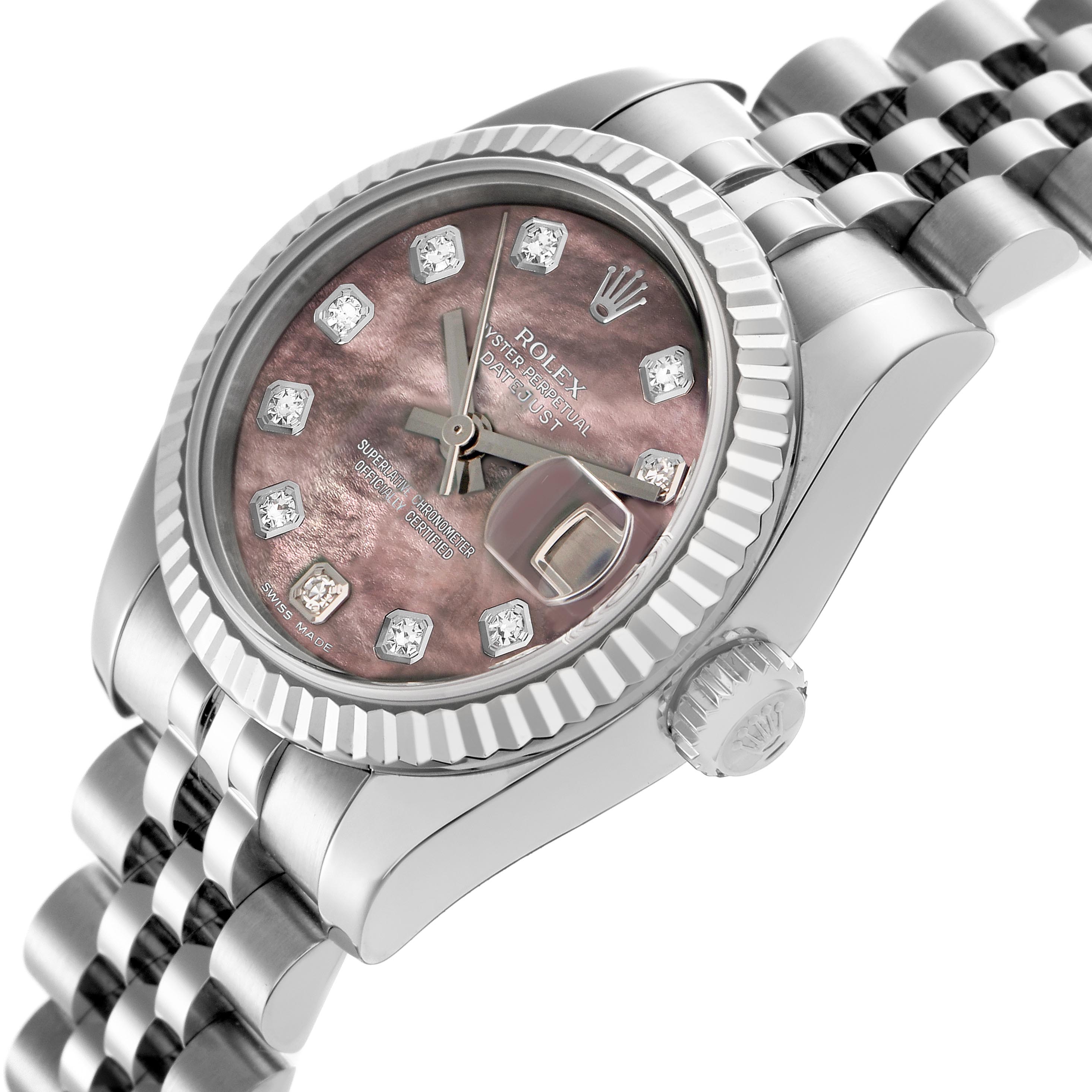 The Rolex Datejust 179174 Women
s Stainless Steel Mother of Pearl Dial 179174 Women
s Stainless Steel Mother of Pearl Dial watch is shown at an angled close-up, highlighting the dial, bezel, crown, and part of the bracelet.