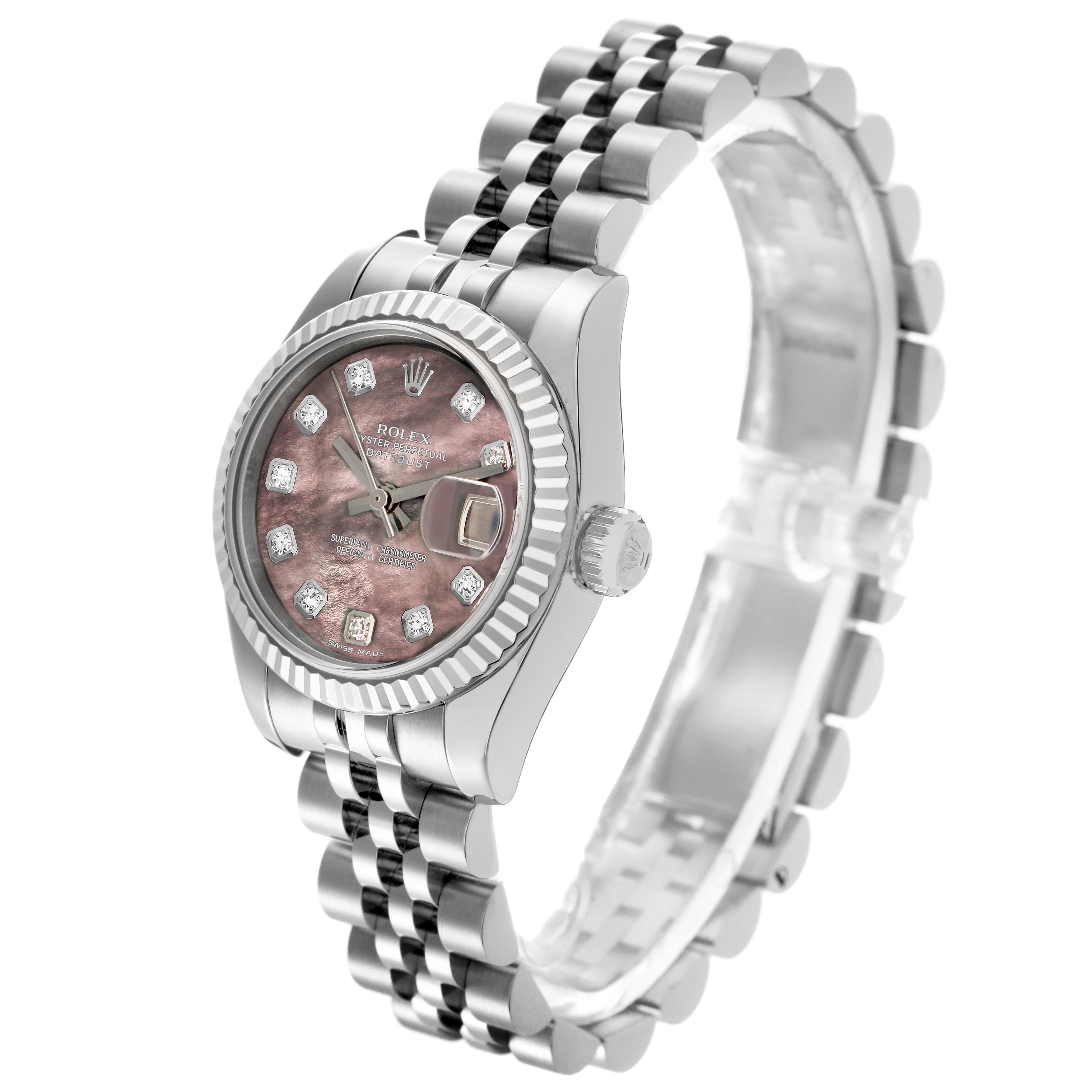 The Rolex Datejust 179174 Women
s Stainless Steel Mother of Pearl Dial 179174 Women
s Stainless Steel Mother of Pearl Dial is shown at a three-quarter angle, displaying its bezel, crown, dial, and bracelet.