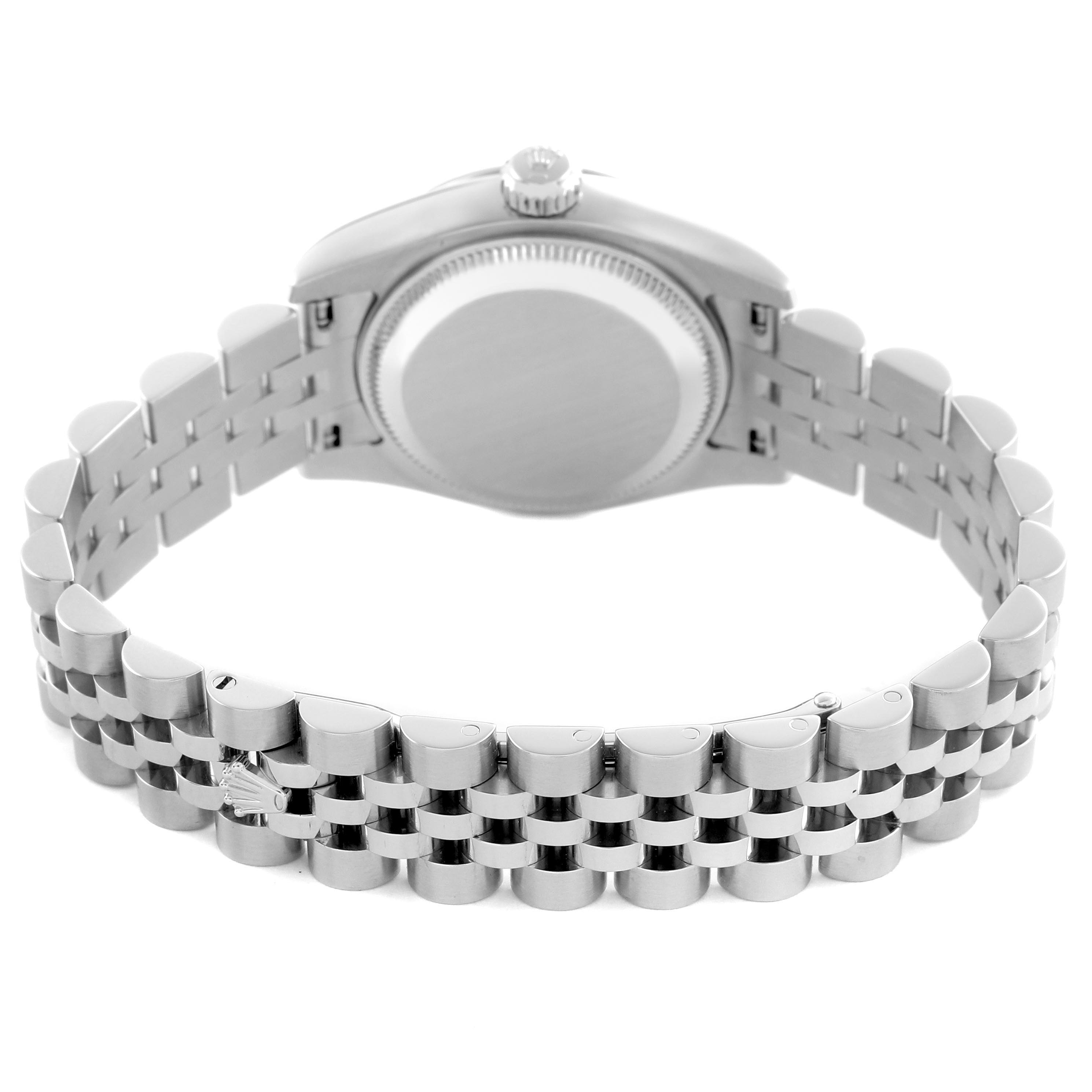 The image shows the back view of a Rolex Datejust 179174 Women
s Stainless Steel Mother of Pearl Dial 179174 Women
s Stainless Steel Mother of Pearl Dial, highlighting its stainless steel case back and Jubilee bracelet.