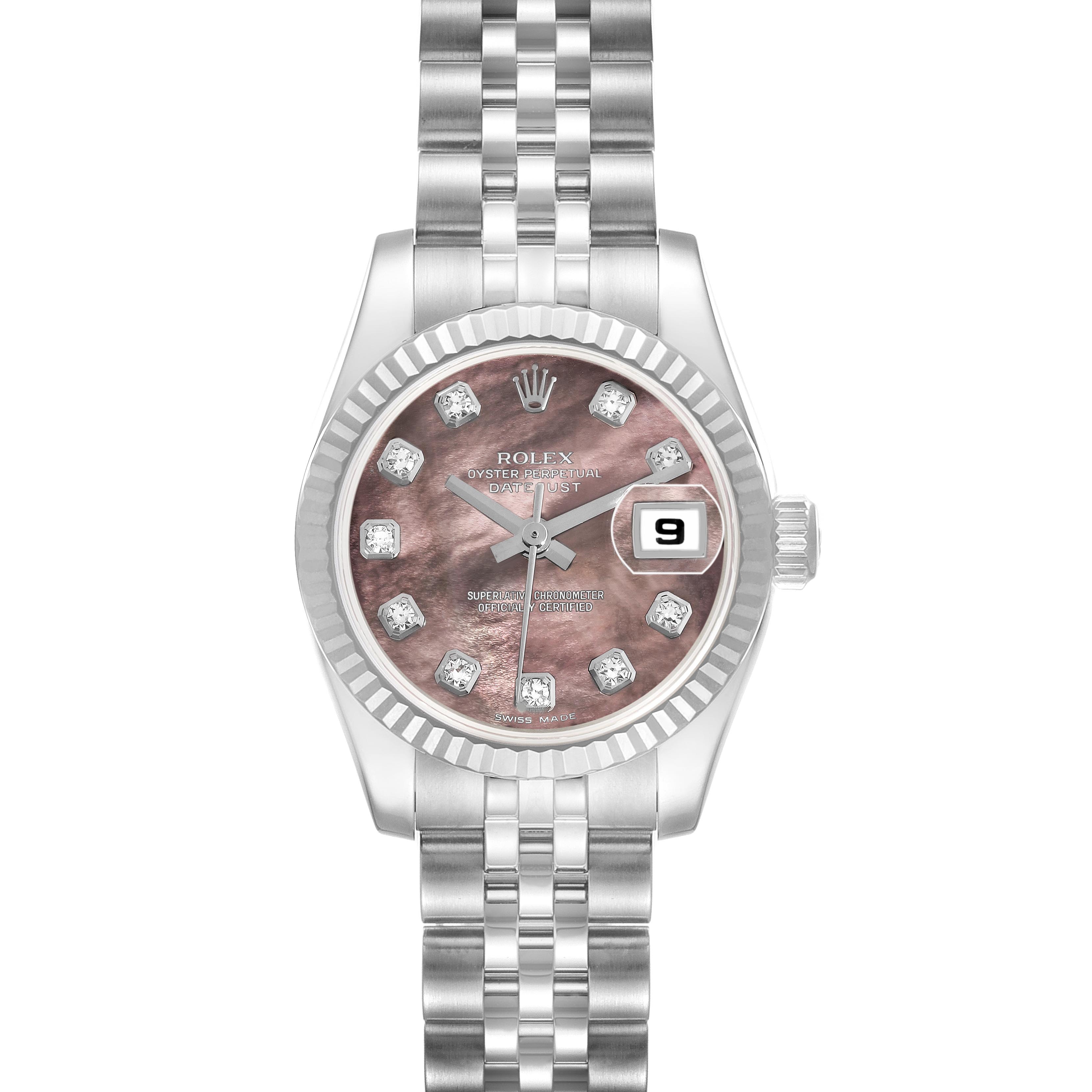 The Rolex Datejust 179174 Women
s Stainless Steel Mother of Pearl Dial 179174 Women
s Stainless Steel Mother of Pearl Dial watch is shown from a top-down angle, displaying the dial, bracelet, and bezel.