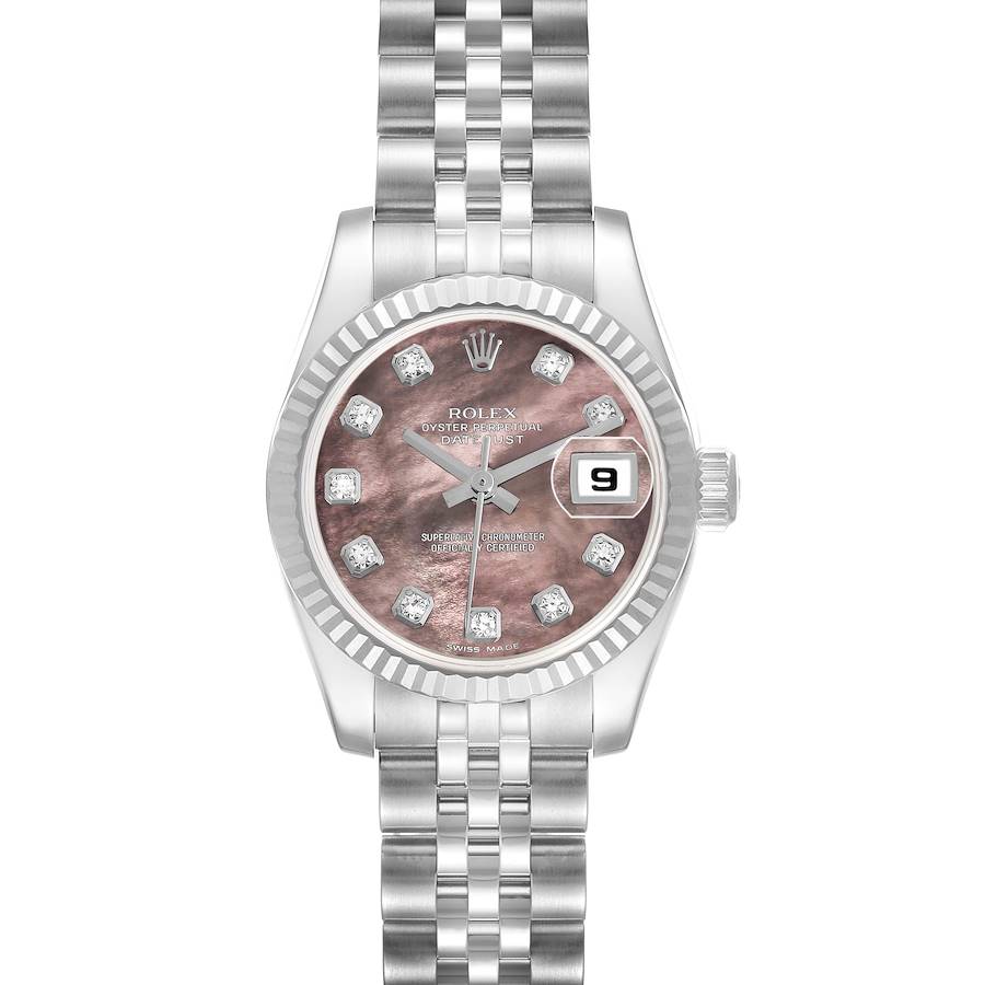 The Rolex Datejust watch is shown from a top-down angle, displaying the dial, bracelet, and bezel.
