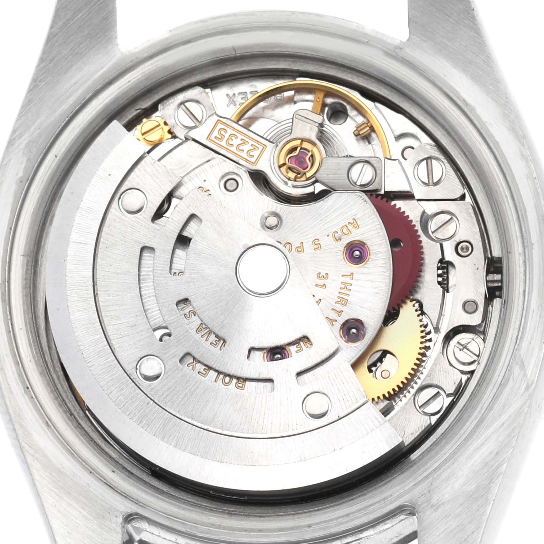 The image shows the movement of a Rolex Datejust 179174 Women
s Stainless Steel Mother of Pearl Dial 179174 Women
s Stainless Steel Mother of Pearl Dial watch from a top-down angle.