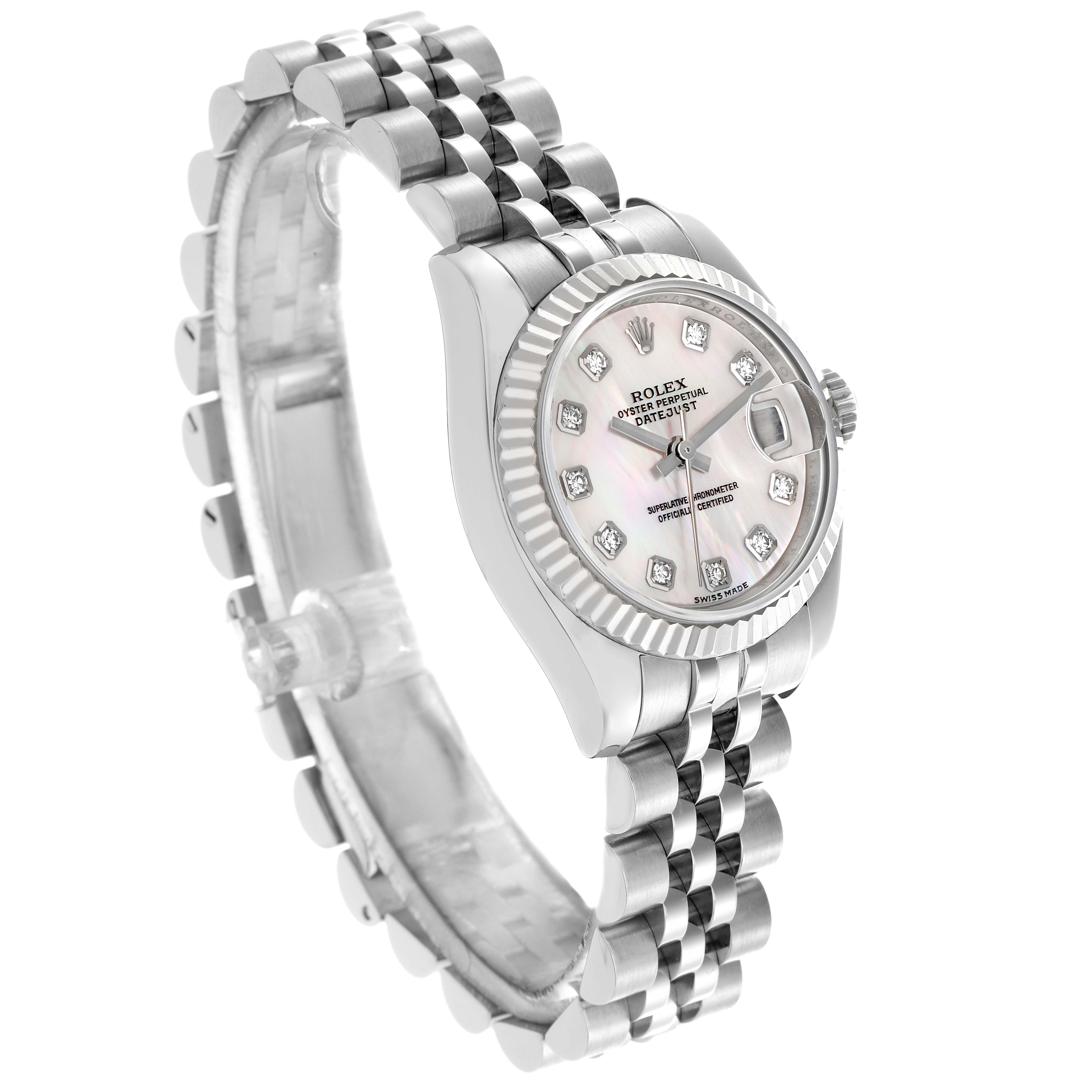 The Rolex Datejust 179174 Women
s Stainless Steel Mother of Pearl Dial 179174 Women
s Stainless Steel Mother of Pearl Dial watch is shown at a slightly angled top view, displaying its face, bezel, crown, and bracelet.