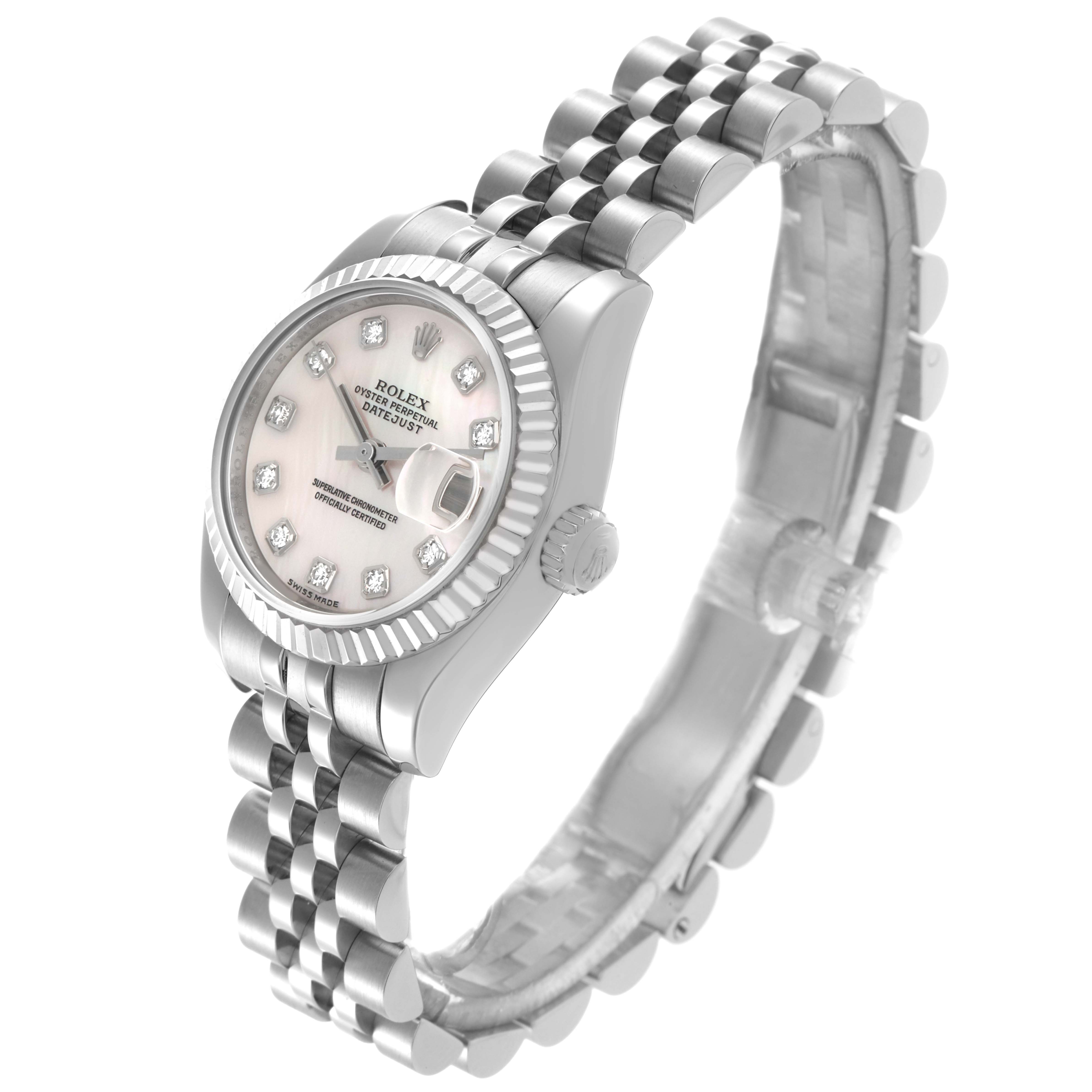 The Rolex Datejust 179174 Women
s Stainless Steel Mother of Pearl Dial 179174 Women
s Stainless Steel Mother of Pearl Dial watch is shown at a three-quarter angle, highlighting the dial, bezel, and Jubilee bracelet.