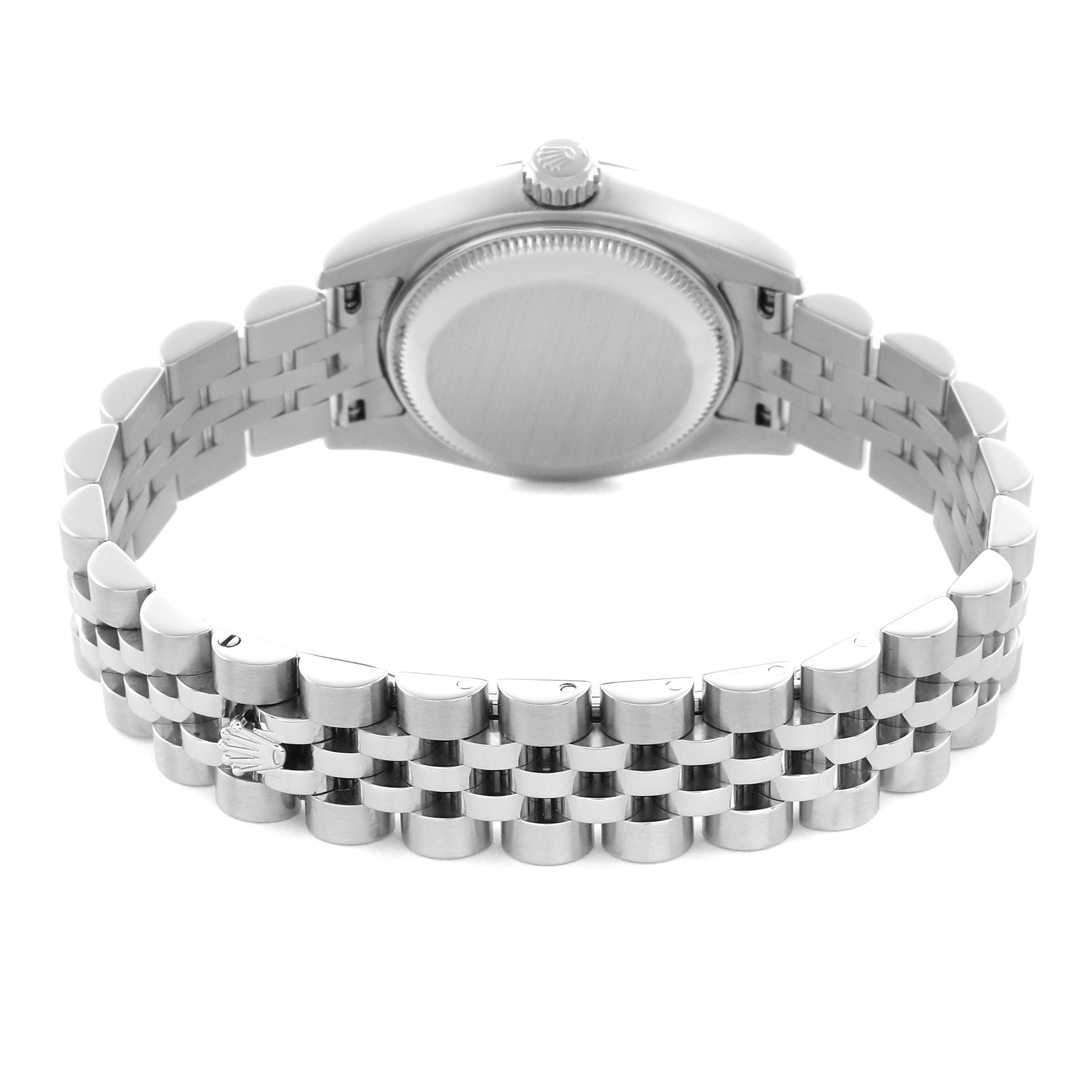 The image shows the back and side of the Rolex Datejust 179174 Women
s Stainless Steel Mother of Pearl Dial 179174 Women
s Stainless Steel Mother of Pearl Dial watch, featuring its bracelet, case back, and crown.