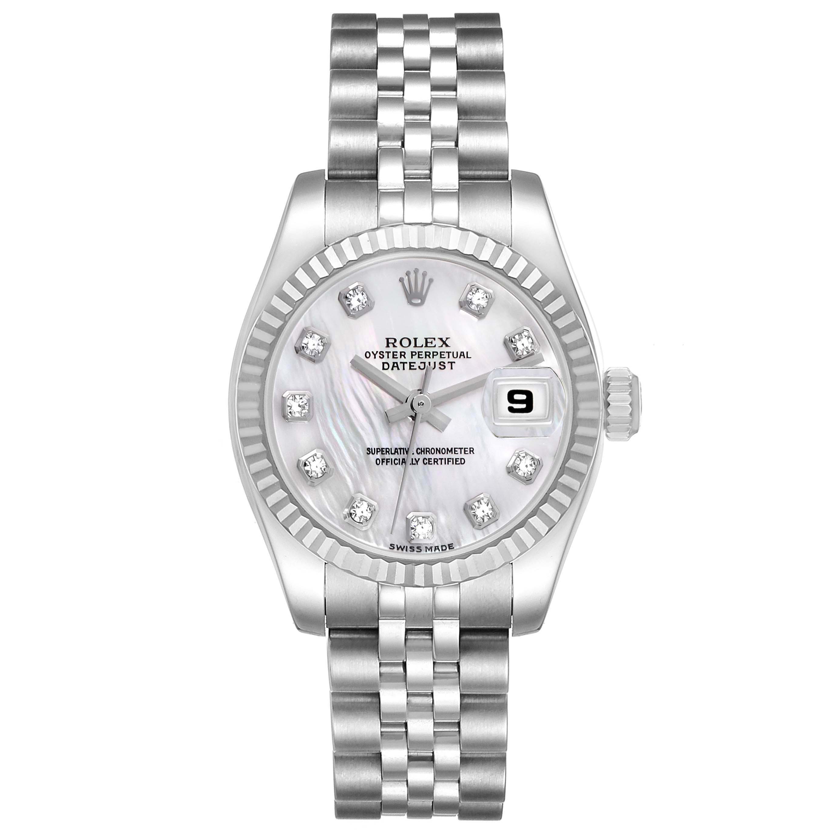 The Rolex Datejust 179174 Women
s Stainless Steel Mother of Pearl Dial 179174 Women
s Stainless Steel Mother of Pearl Dial watch is shown from the front, displaying the dial, date window, and Jubilee bracelet.