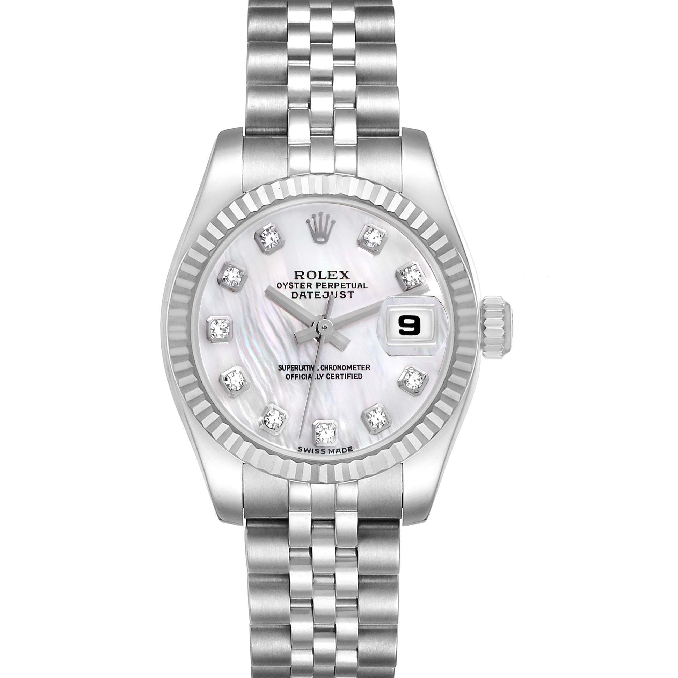 The Rolex Datejust 179174 Women
s Stainless Steel Mother of Pearl Dial 179174 Women
s Stainless Steel Mother of Pearl Dial watch is shown from a front angle, displaying the dial, bezel, and part of the bracelet.