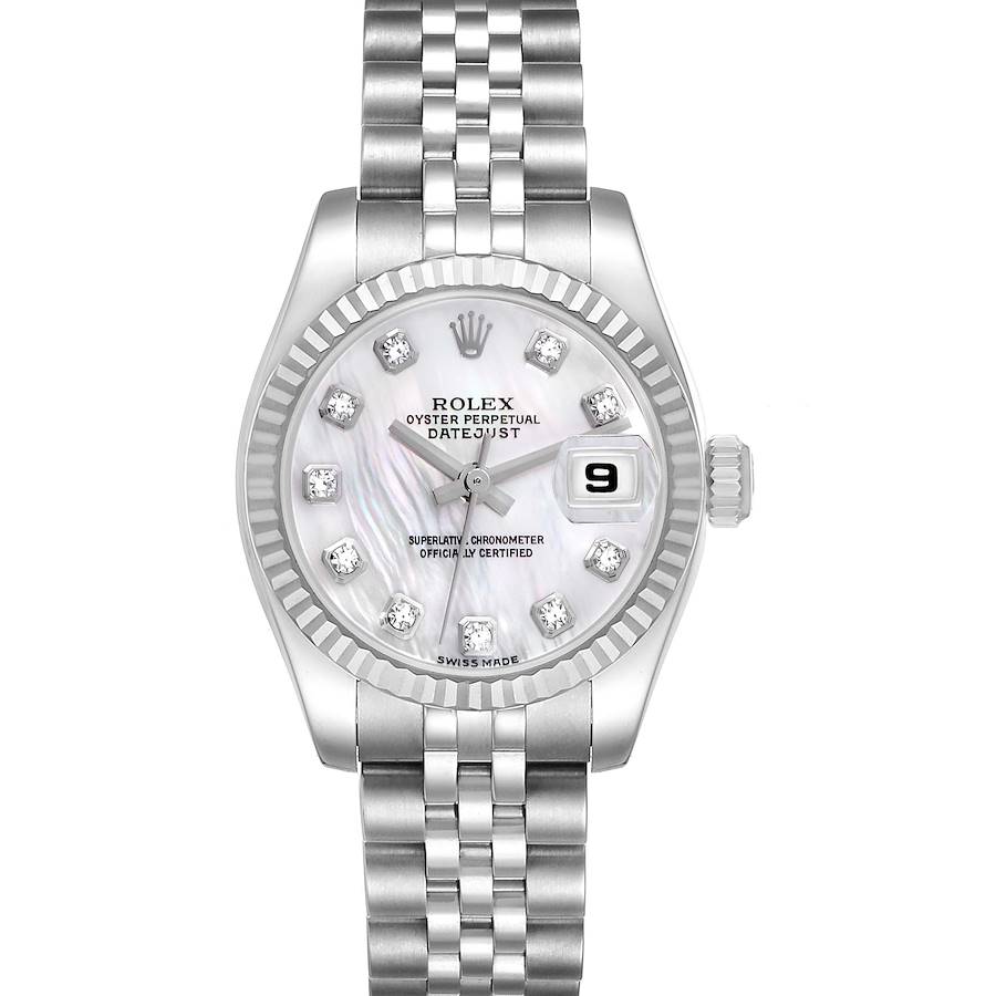 The Rolex Datejust watch is shown from a front angle, displaying the dial, bezel, and part of the bracelet.