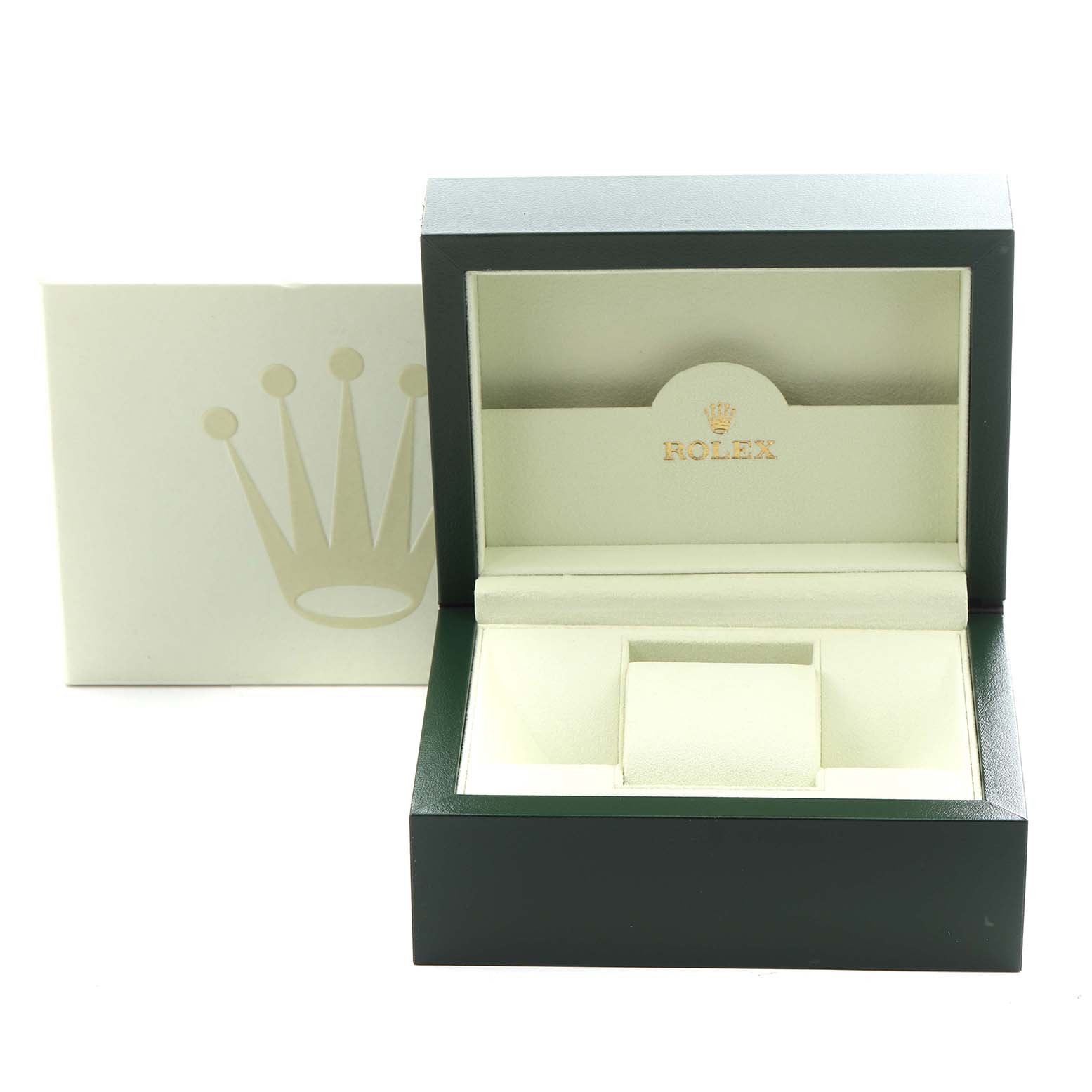 The image shows a Rolex Datejust 179174 Women
s Stainless Steel Mother of Pearl Dial 179174 Women
s Stainless Steel Mother of Pearl Dial watch box at a front angle, revealing its open case and cushion, with a logo on the inside.